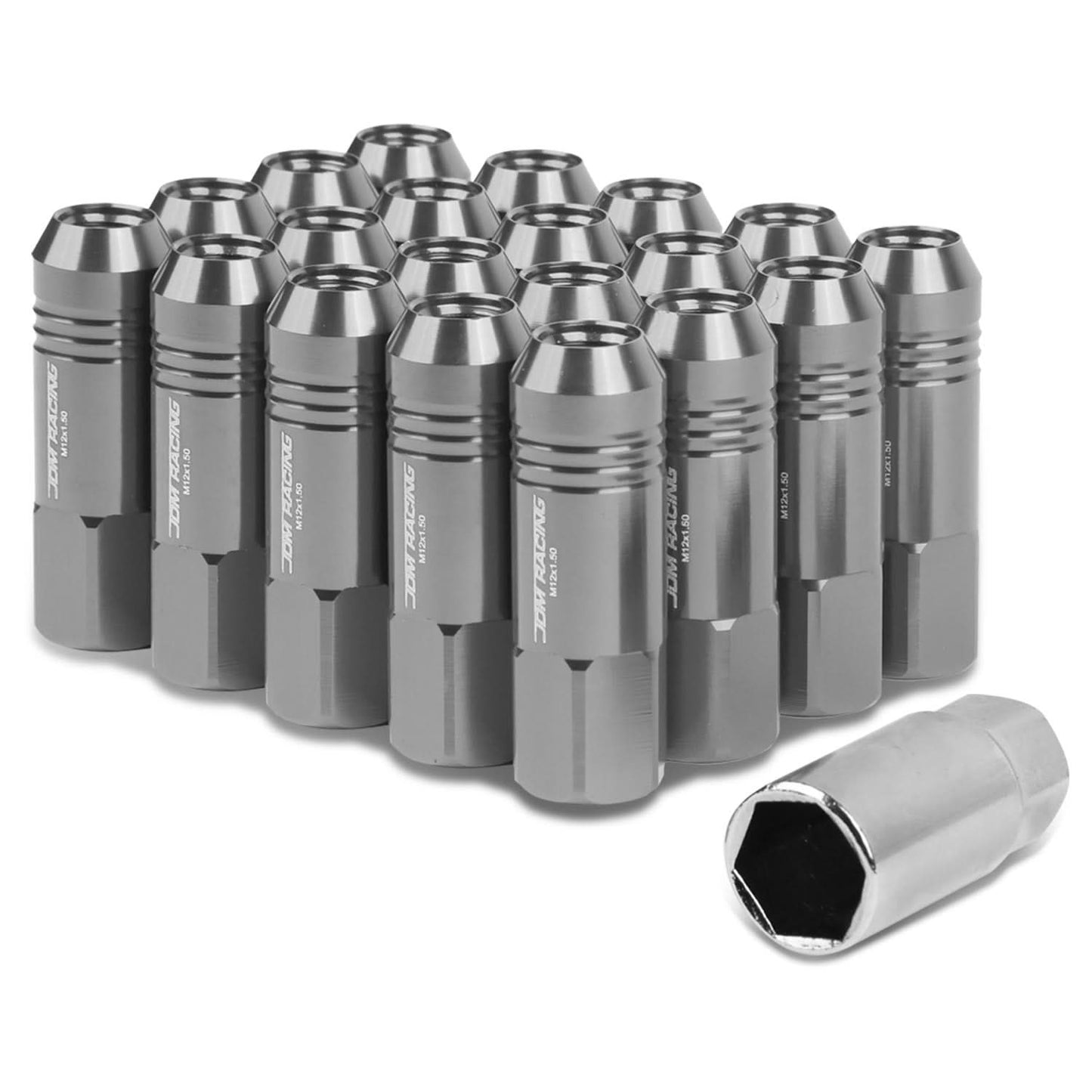 M12 x 1.5 Extended Aluminum Lug Nuts 60mm Rib Shank 20pc Gun Metal