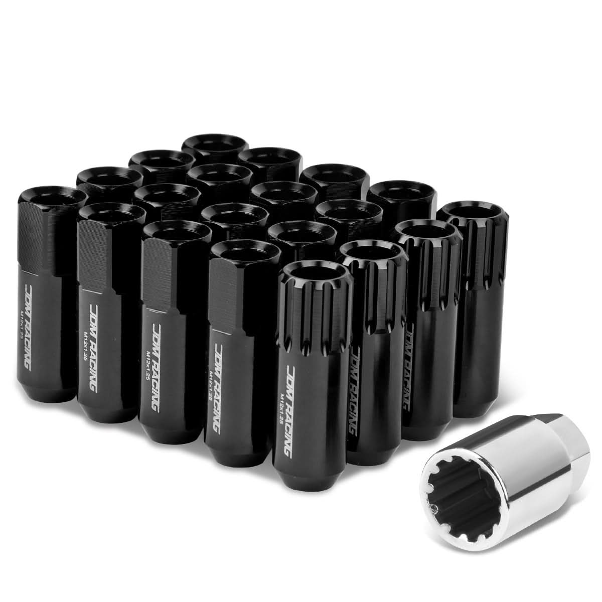 M12 x 1.25 Extended Aluminum Lug Nuts w/ Locks 20pc Set Black