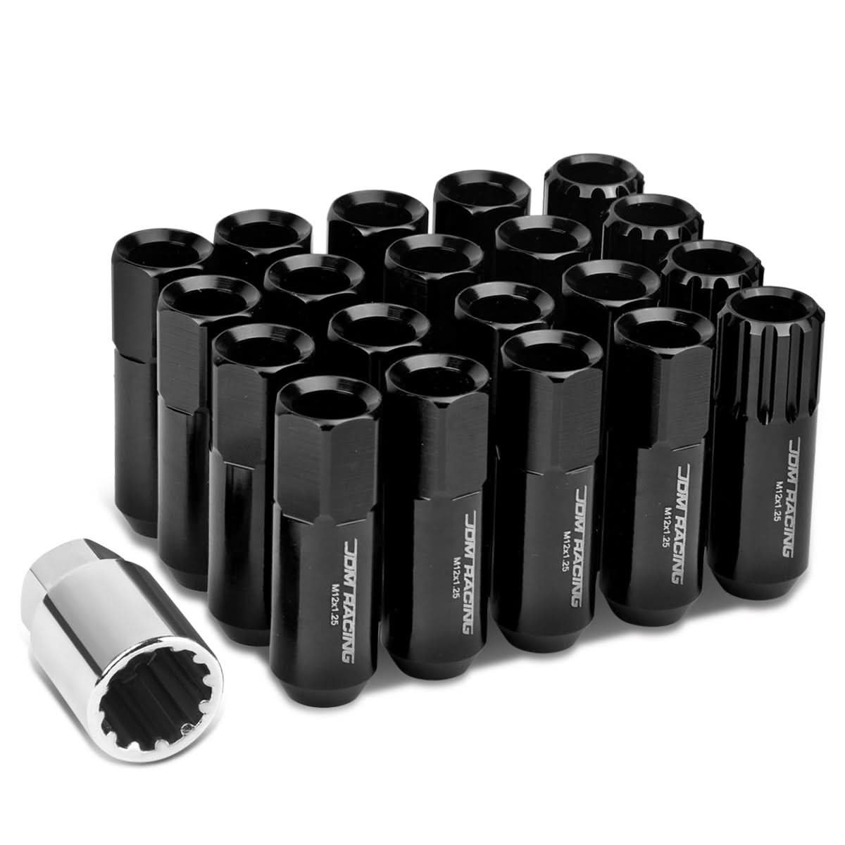 M12 x 1.25 Extended Aluminum Lug Nuts w/ Locks 20pc Set Black
