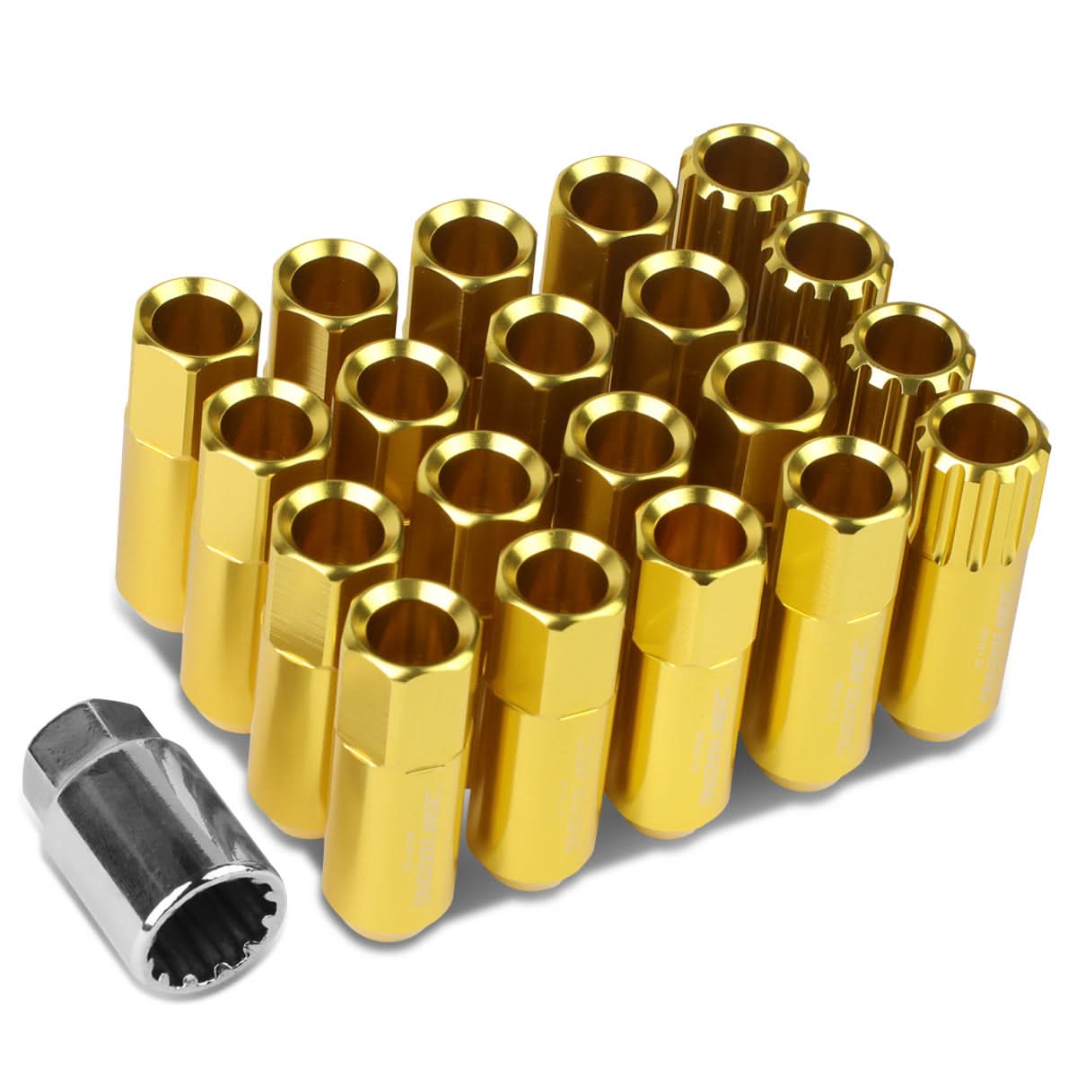M12 x 1.25 Extended Open End Lug Nuts with Locks - Aluminum Gold