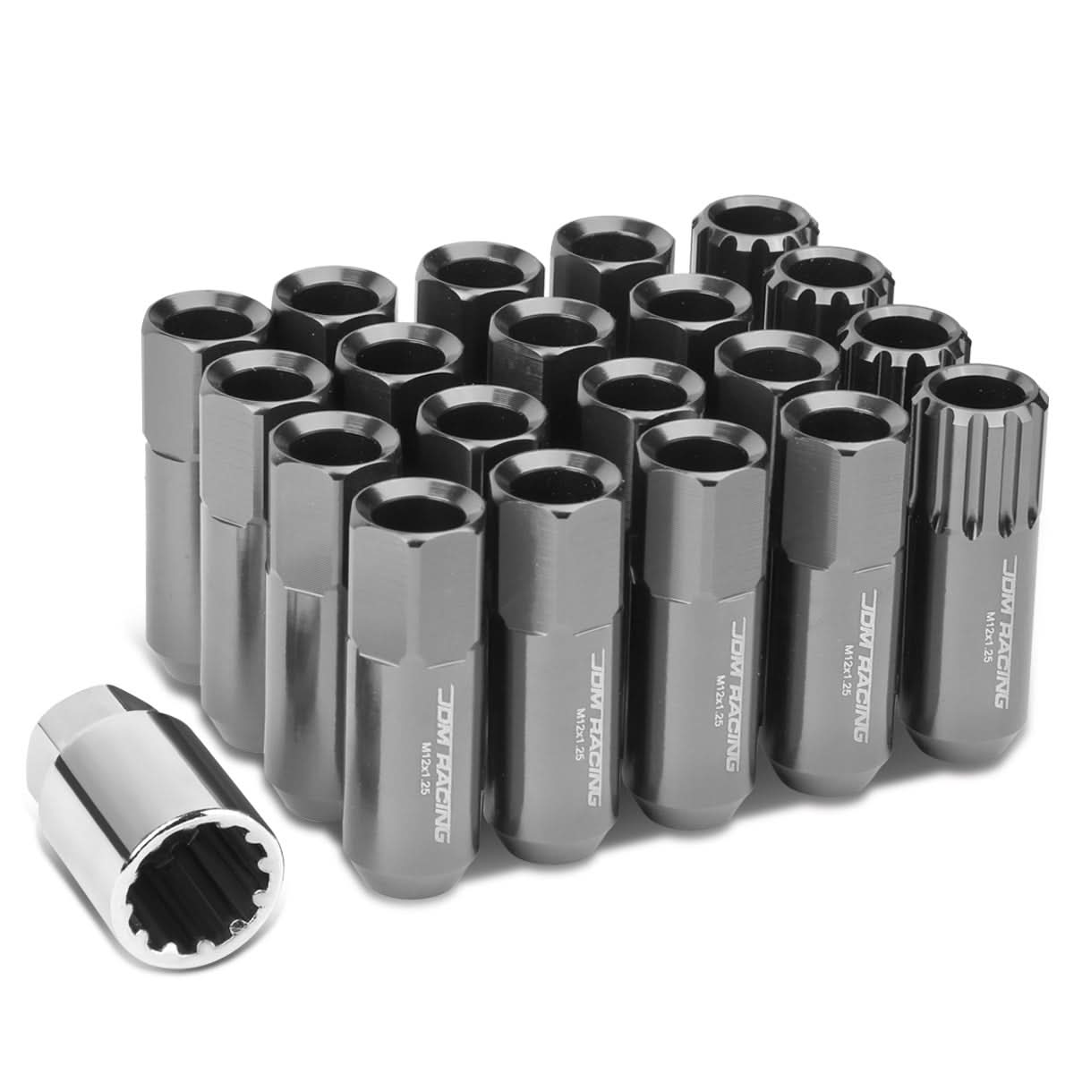 M12 x 1.25 Extended Lug Nuts with Locks 16pc Set Aluminum Gun Metal