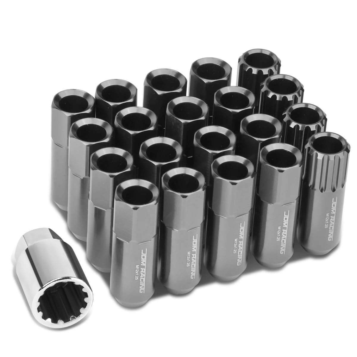 M12 x 1.25 Extended Lug Nuts with Locks 16pc Set Aluminum Gun Metal