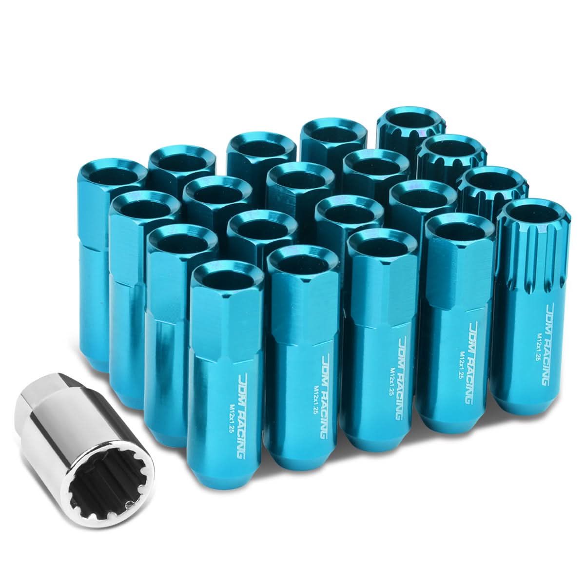 M12 x 1.25 Extended Aluminum Lug Nuts 16pc + 4 Locks Light Blue