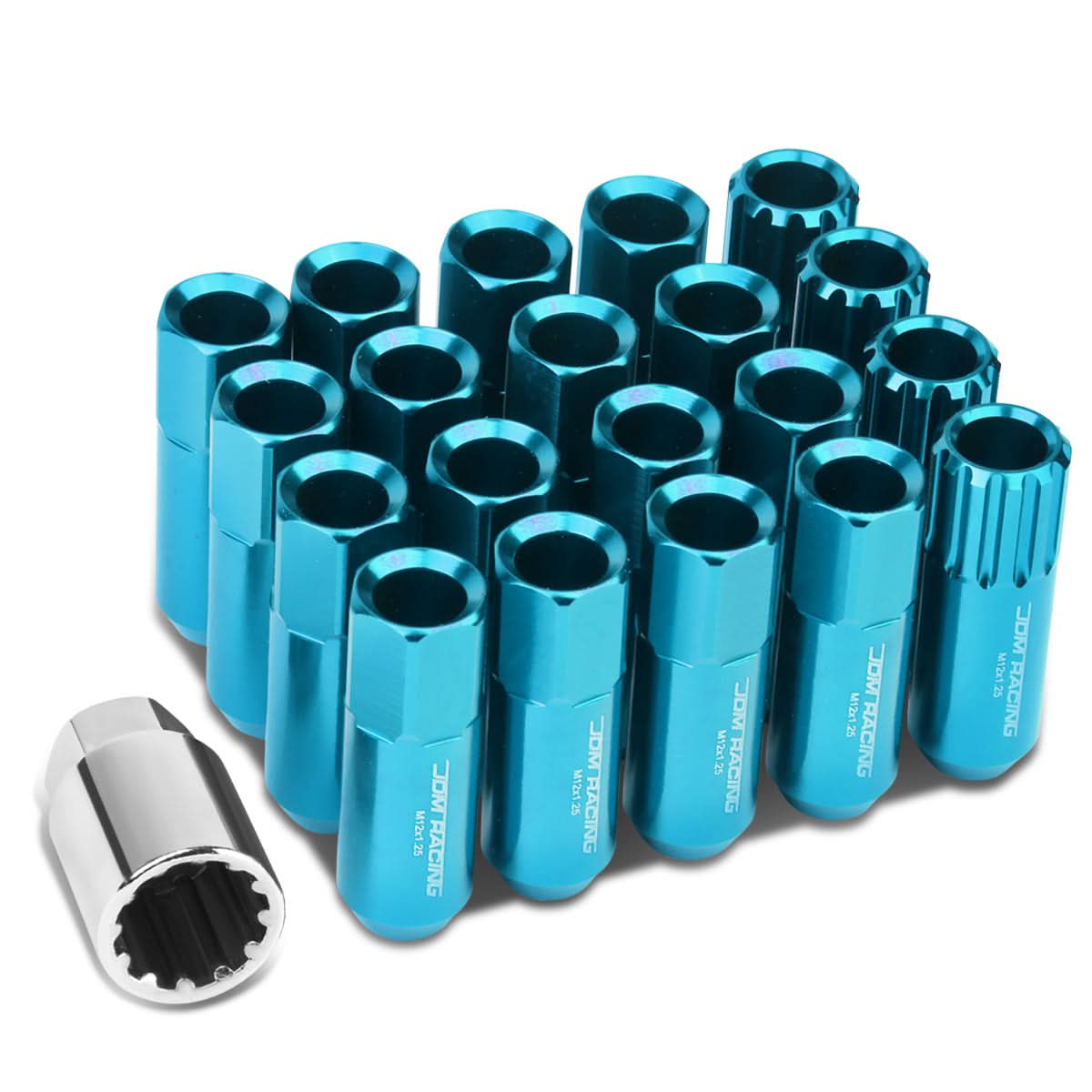M12 x 1.25 Extended Aluminum Lug Nuts 16pc + 4 Locks Light Blue