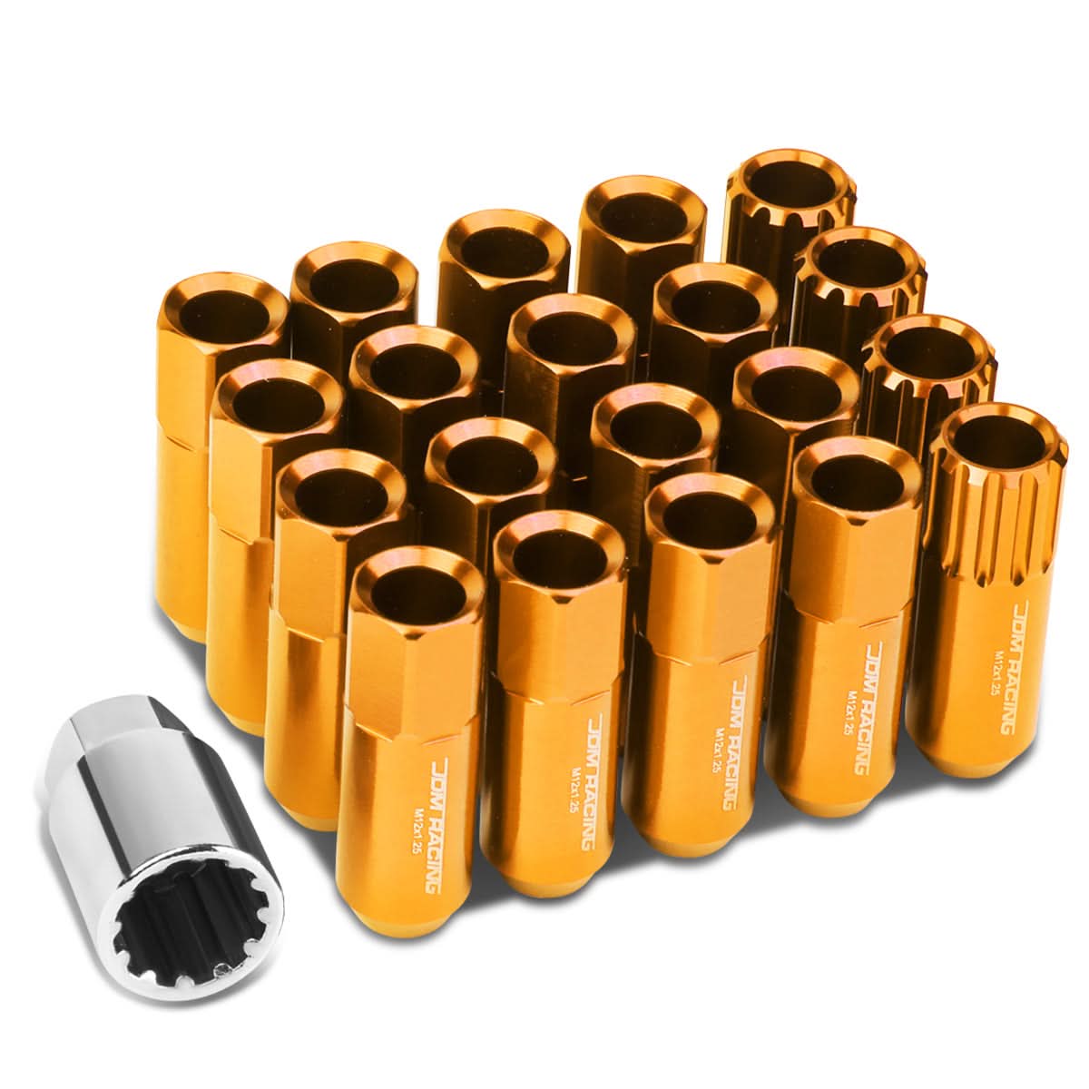 M12 x 1.25 Extended Aluminum Lug Nuts with Locks - Orange 16pc Set