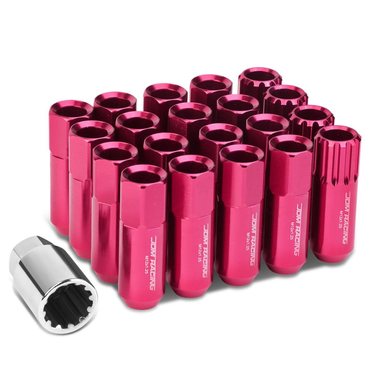 M12 x 1.25 Extended Pink Aluminum Lug Nuts Set - 16 Pcs + 4 Locks