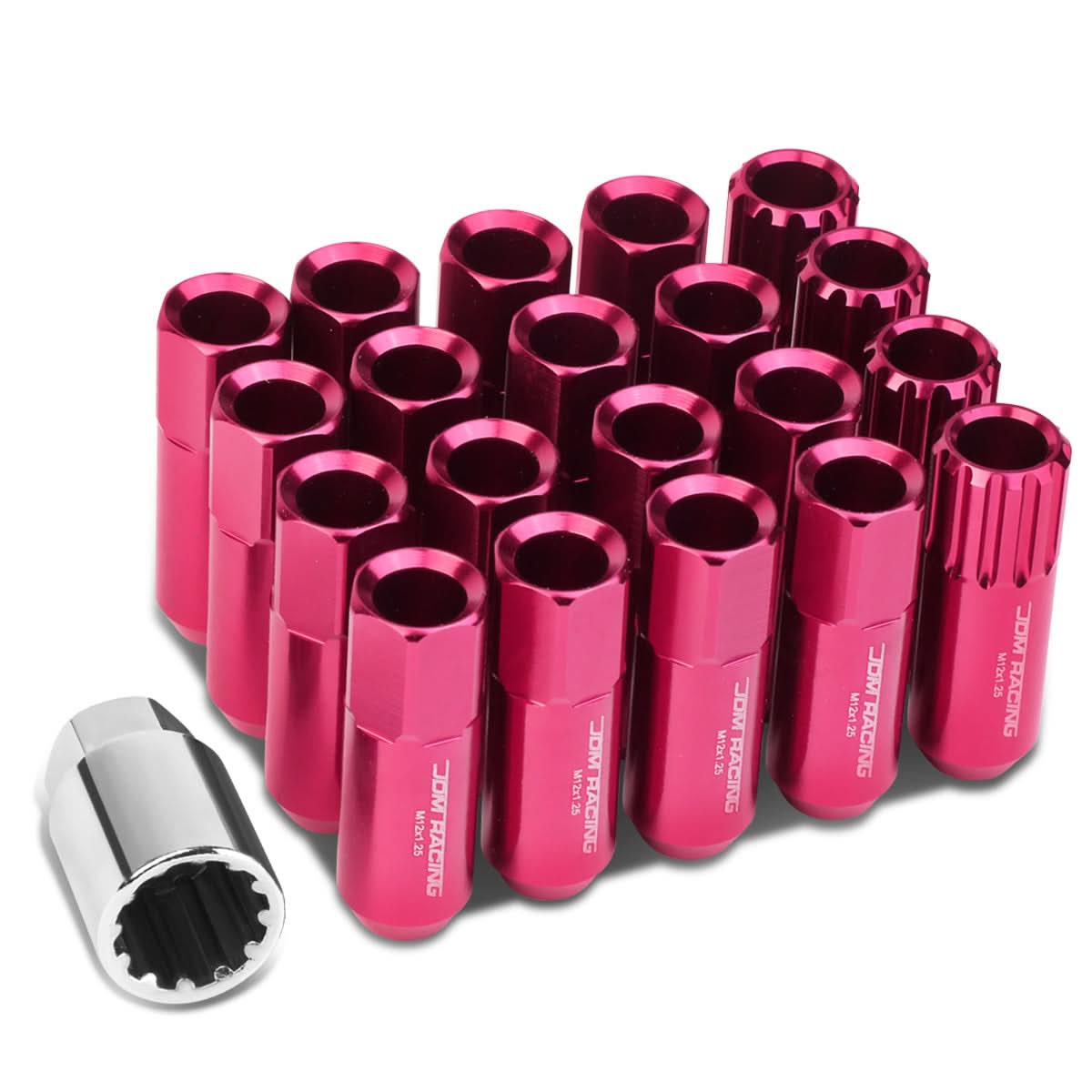 M12 x 1.25 Extended Pink Aluminum Lug Nuts Set - 16 Pcs + 4 Locks
