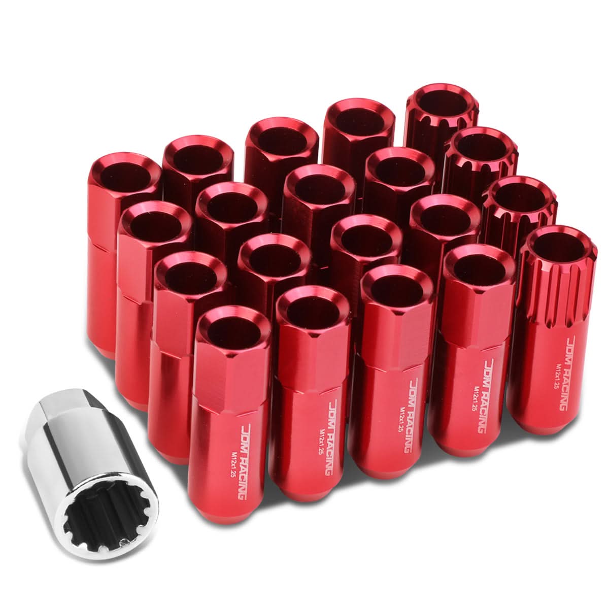 M12 x 1.25 Extended Aluminum Lug Nuts 60mm Red 16pc + 4 Locks