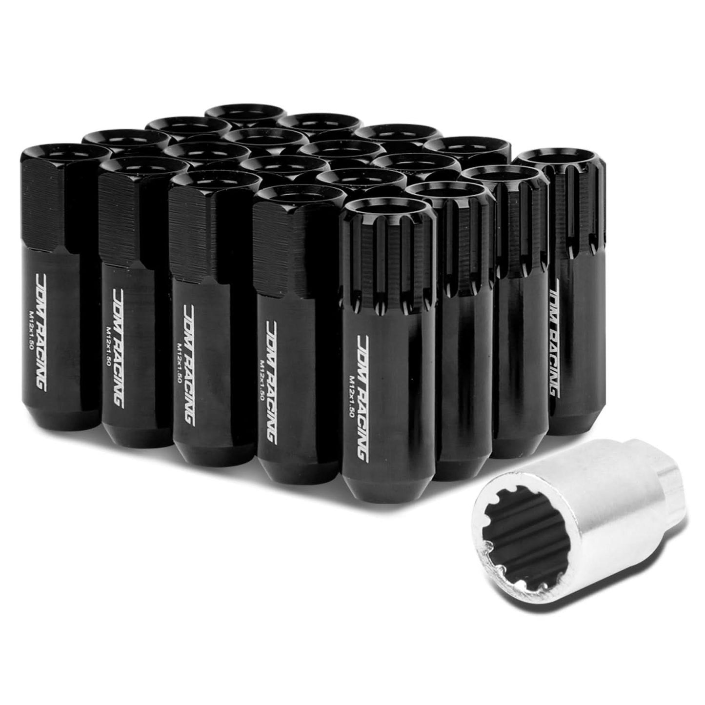 M12 x 1.5 Extended Aluminum Lug Nuts - 60mm Tall - Black 20pc Set