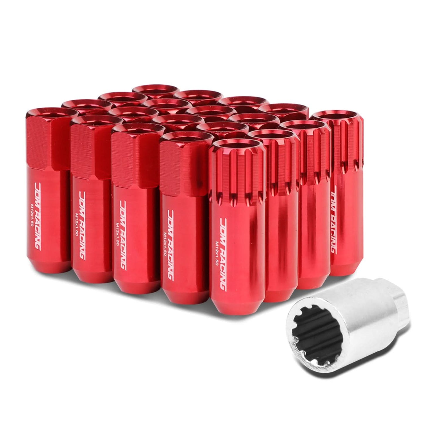 M12 x 1.5 Red Aluminum Extended Lug Nuts Set - 16 Pcs + 4 Locks