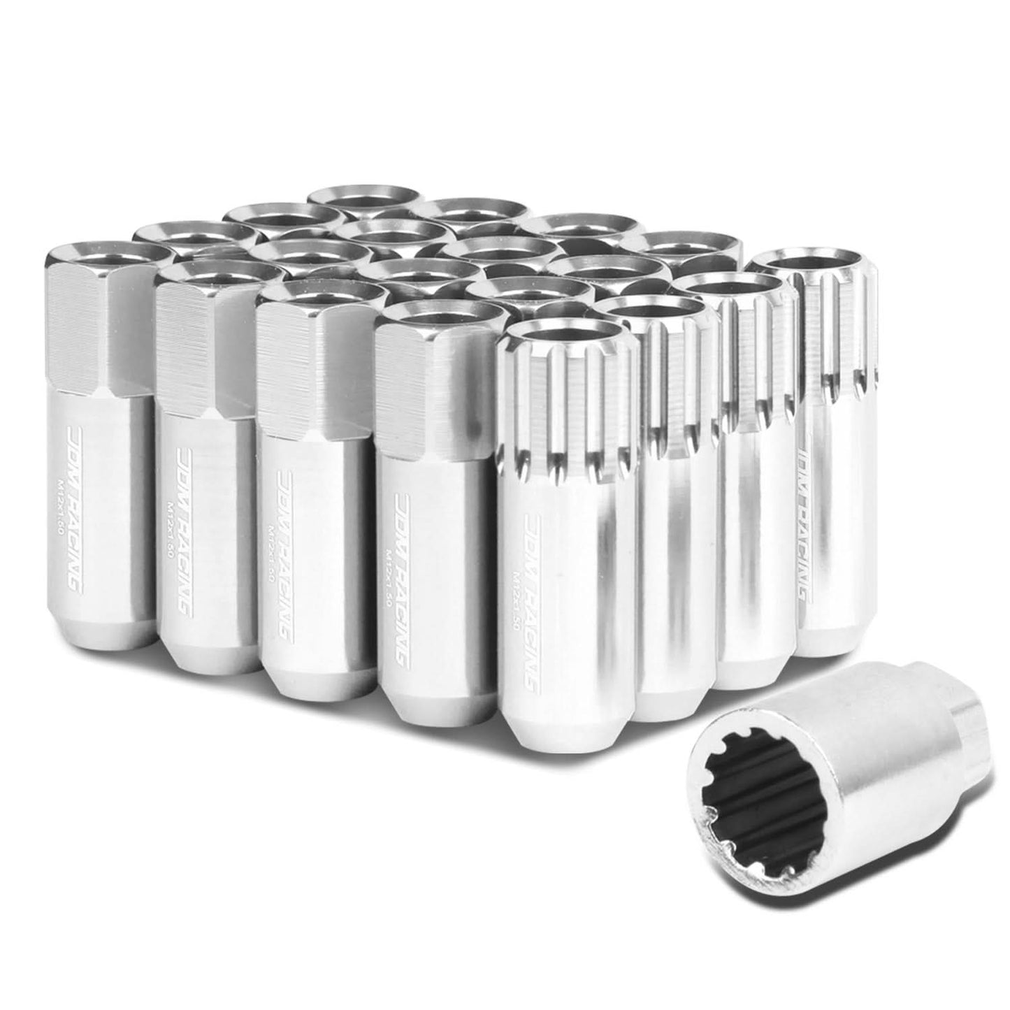 M12 x 1.5 60mm Extended Aluminum Lug Nuts 16pc + 4 Locks Silver