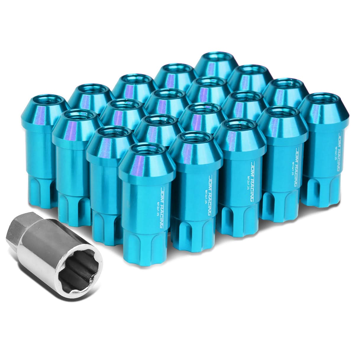 M12 x 1.25 Extended Aluminum Lug Nuts w/ Locks 20pc Set Light Blue