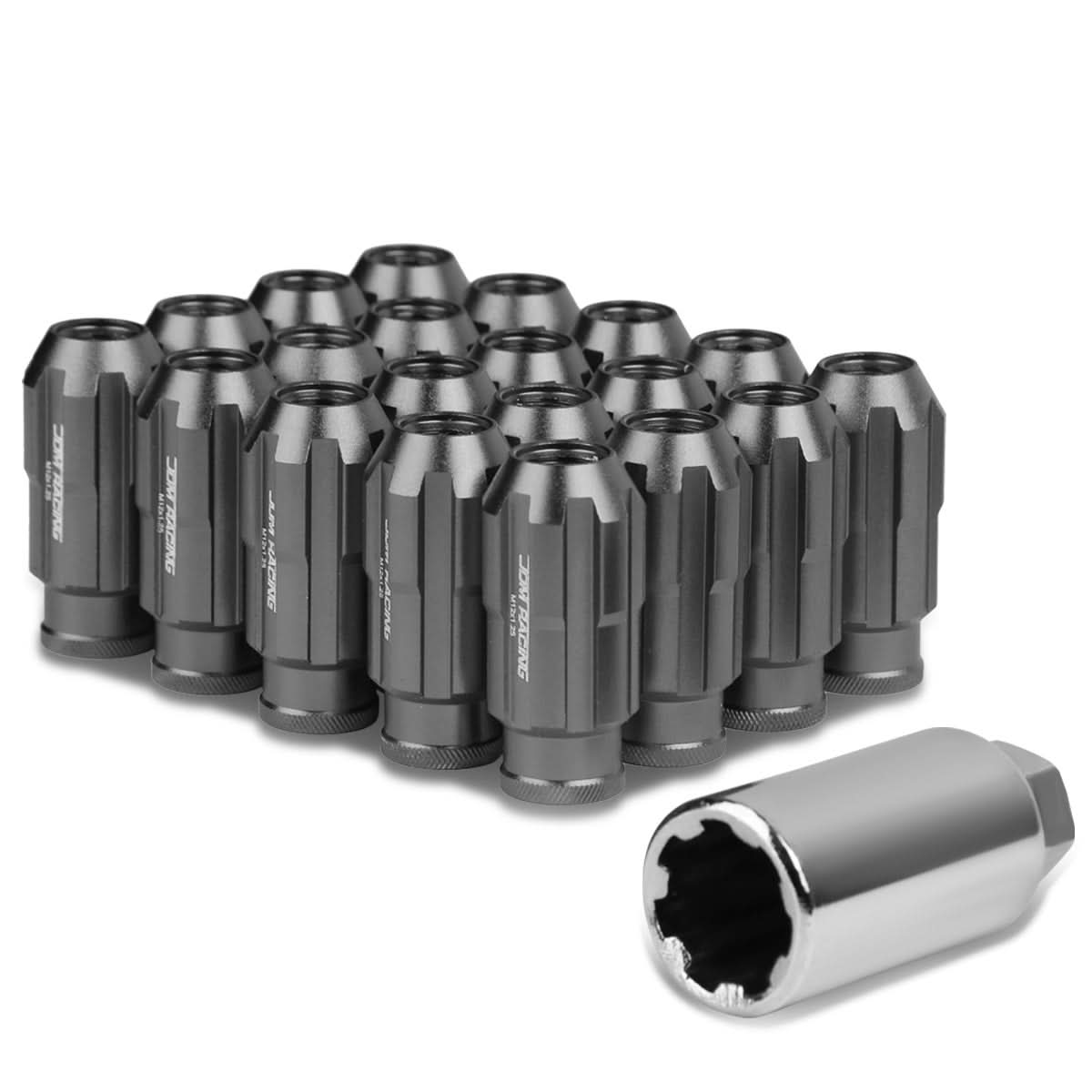 M12 x 1.25 Spline Extended Lug Nuts 50mm Tall Gun Metal 20pc w/ Locks