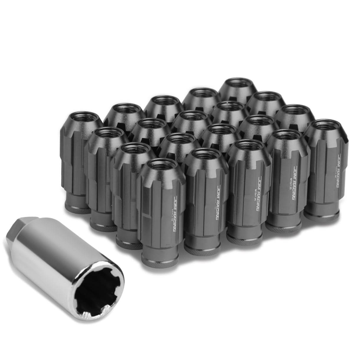 M12 x 1.25 Spline Extended Lug Nuts 50mm Tall Gun Metal 20pc w/ Locks