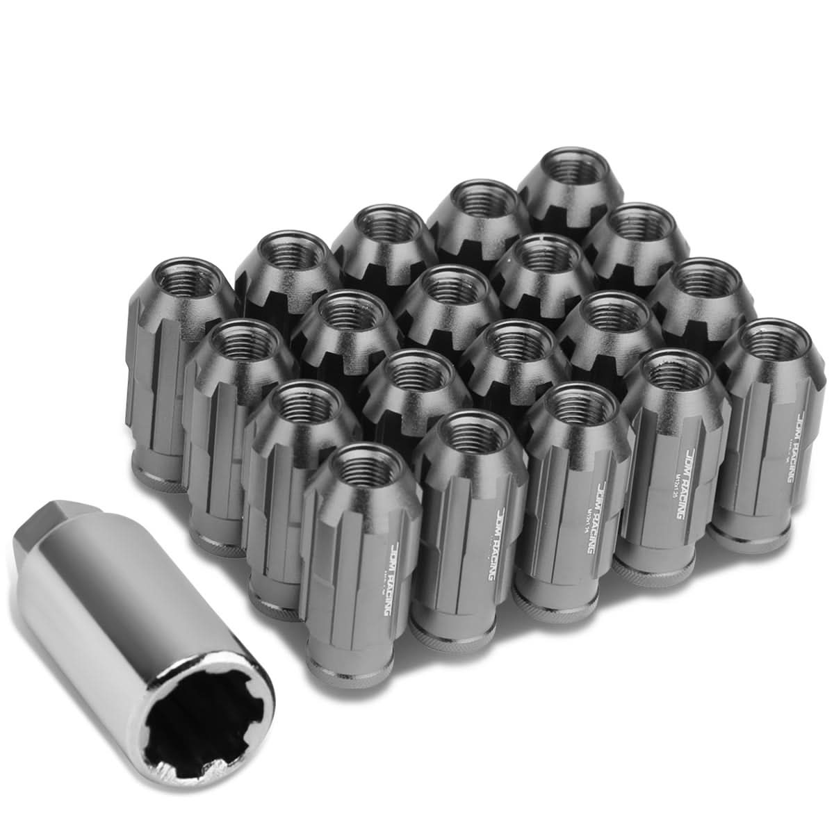 M12 x 1.25 Spline Extended Lug Nuts 50mm Tall Gun Metal 20pc w/ Locks
