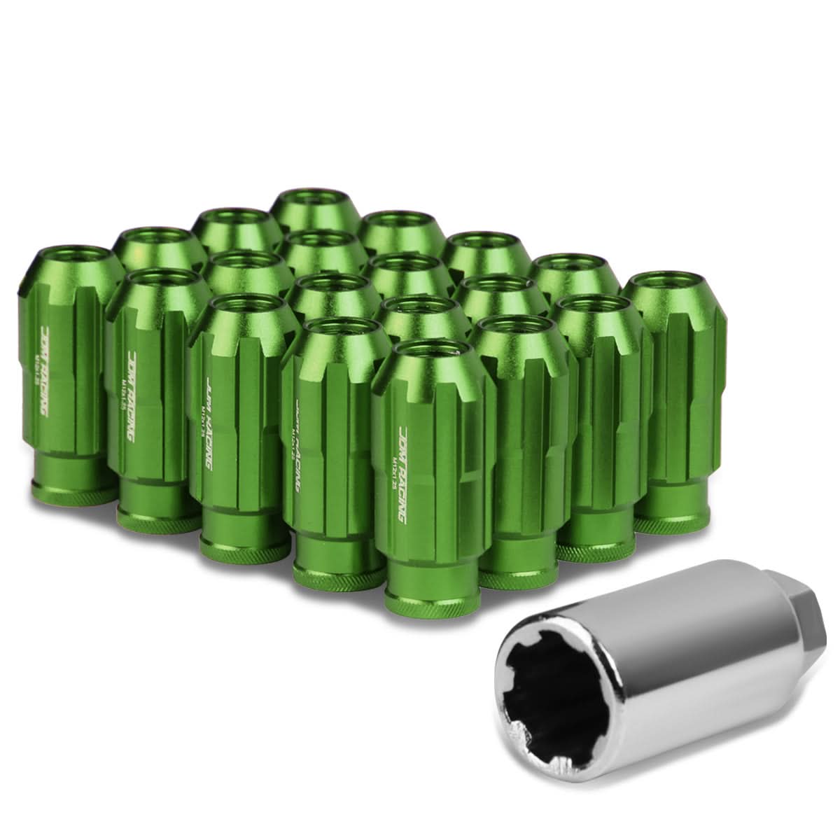 M12 x 1.25 Spline Lug Nuts Extended Open End Green Aluminum 20pc