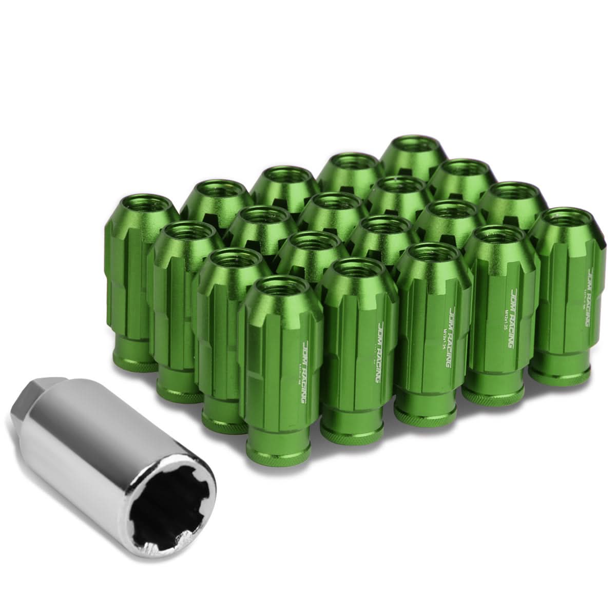 M12 x 1.25 Spline Lug Nuts Extended Open End Green Aluminum 20pc
