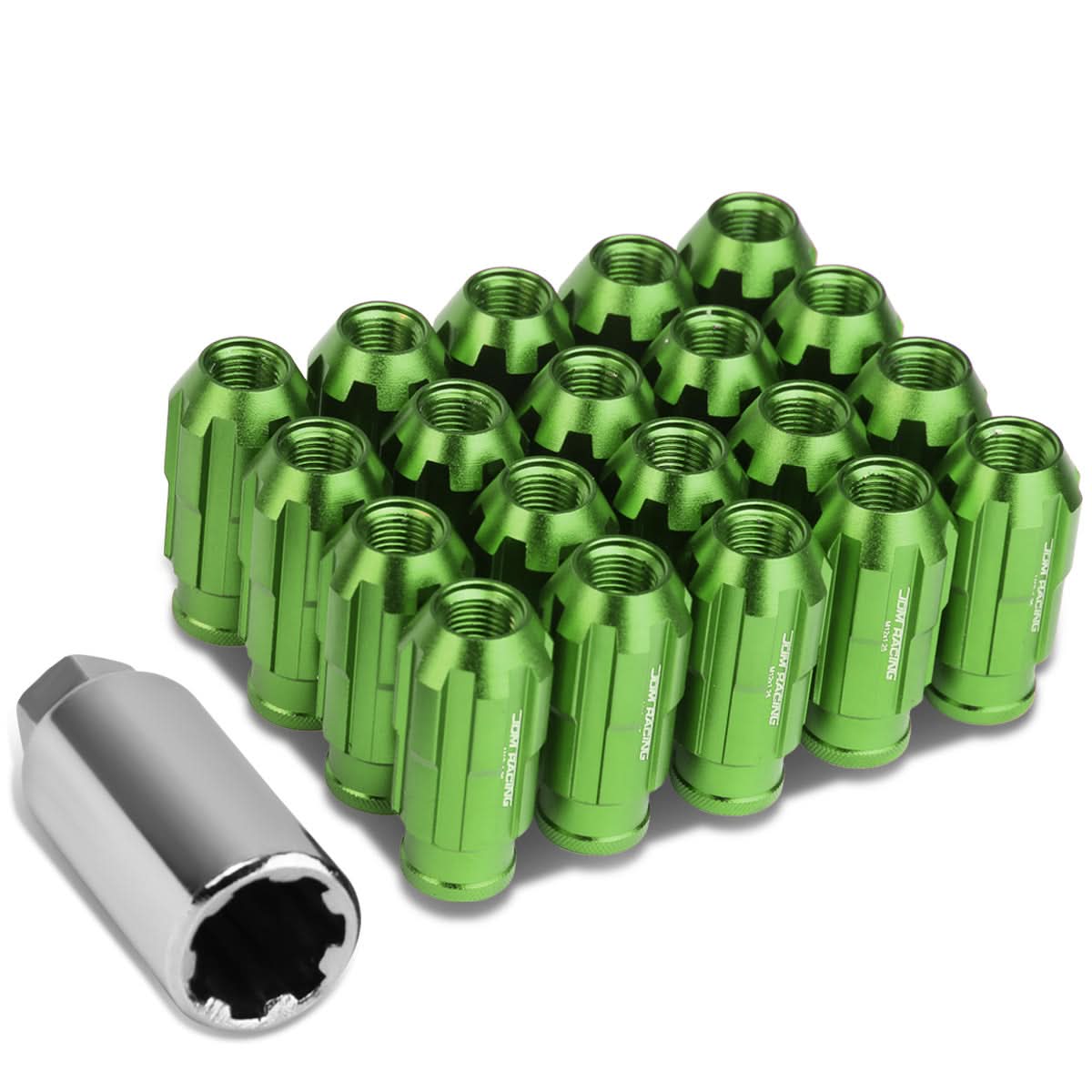M12 x 1.25 Spline Lug Nuts Extended Open End Green Aluminum 20pc