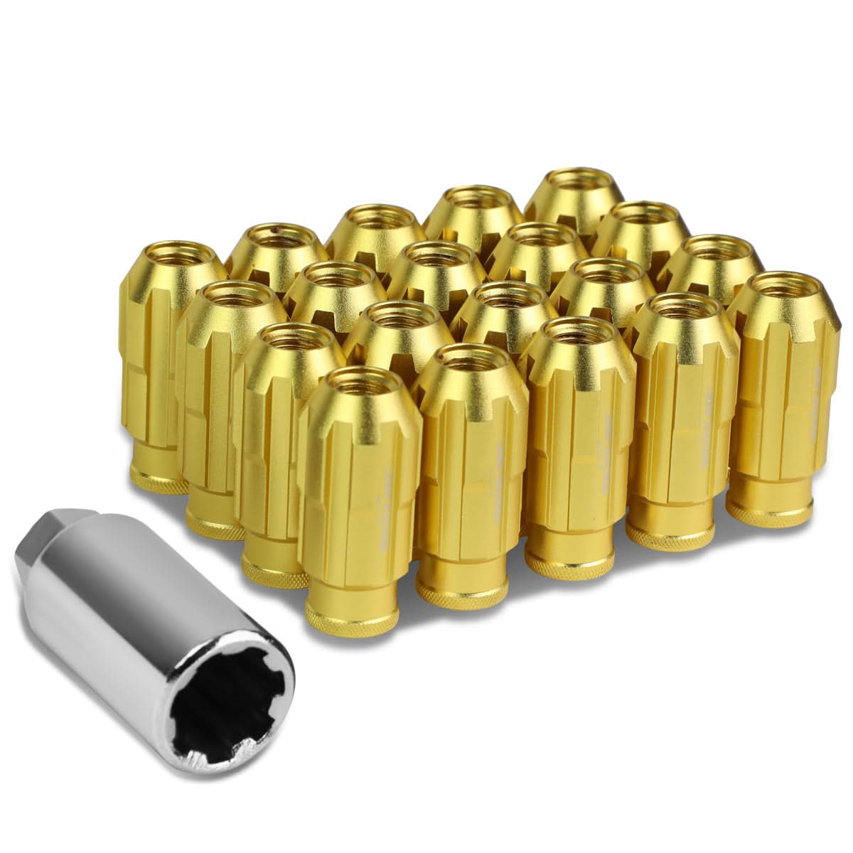 M12 x 1.5 Extended Spline Lug Nuts with Locks - Gold Aluminum