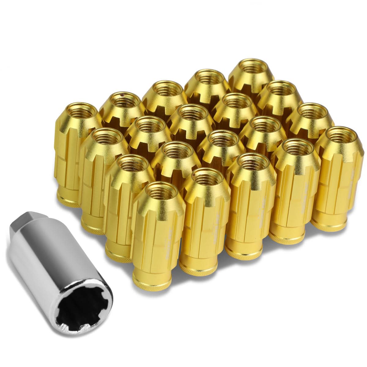 M12 x 1.5 Extended Spline Lug Nuts with Locks - Gold Aluminum