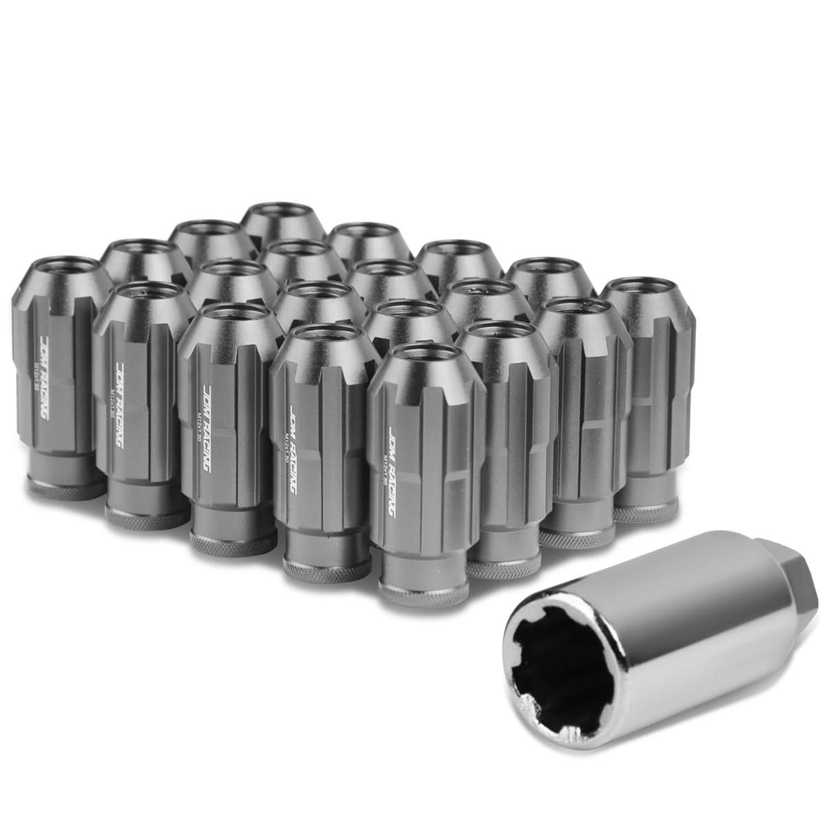 M12 x 1.5 Extended Spline Lug Nuts 50mm Tall Gun Metal 20pc w/ Locks