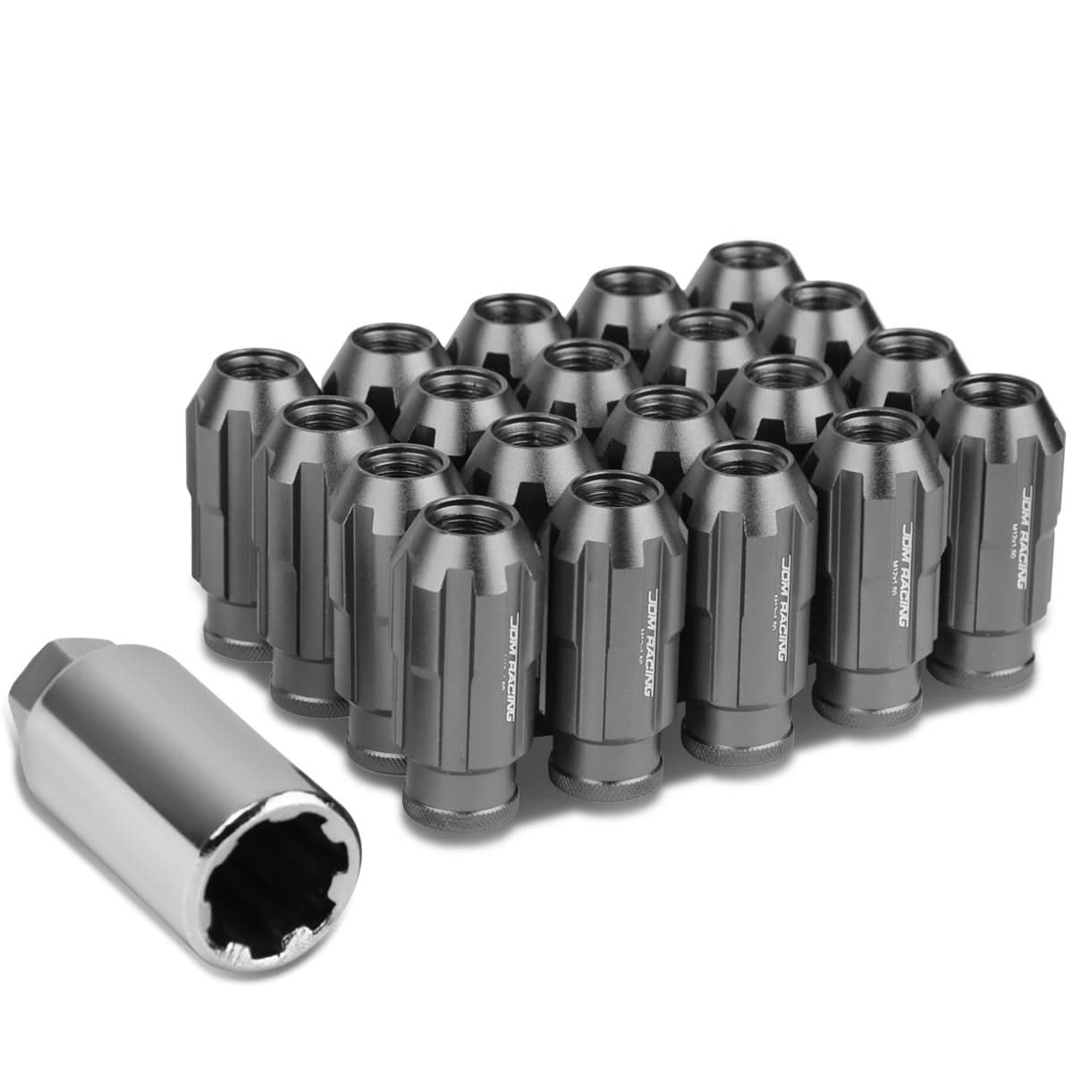 M12 x 1.5 Extended Spline Lug Nuts 50mm Tall Gun Metal 20pc w/ Locks