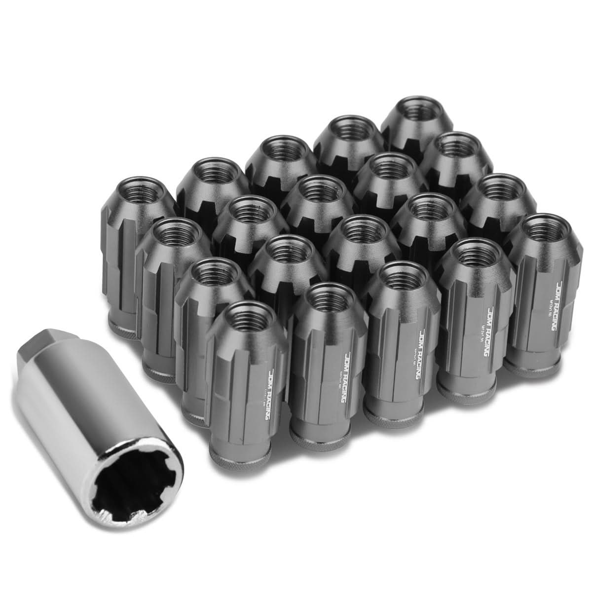M12 x 1.5 Extended Spline Lug Nuts 50mm Tall Gun Metal 20pc w/ Locks