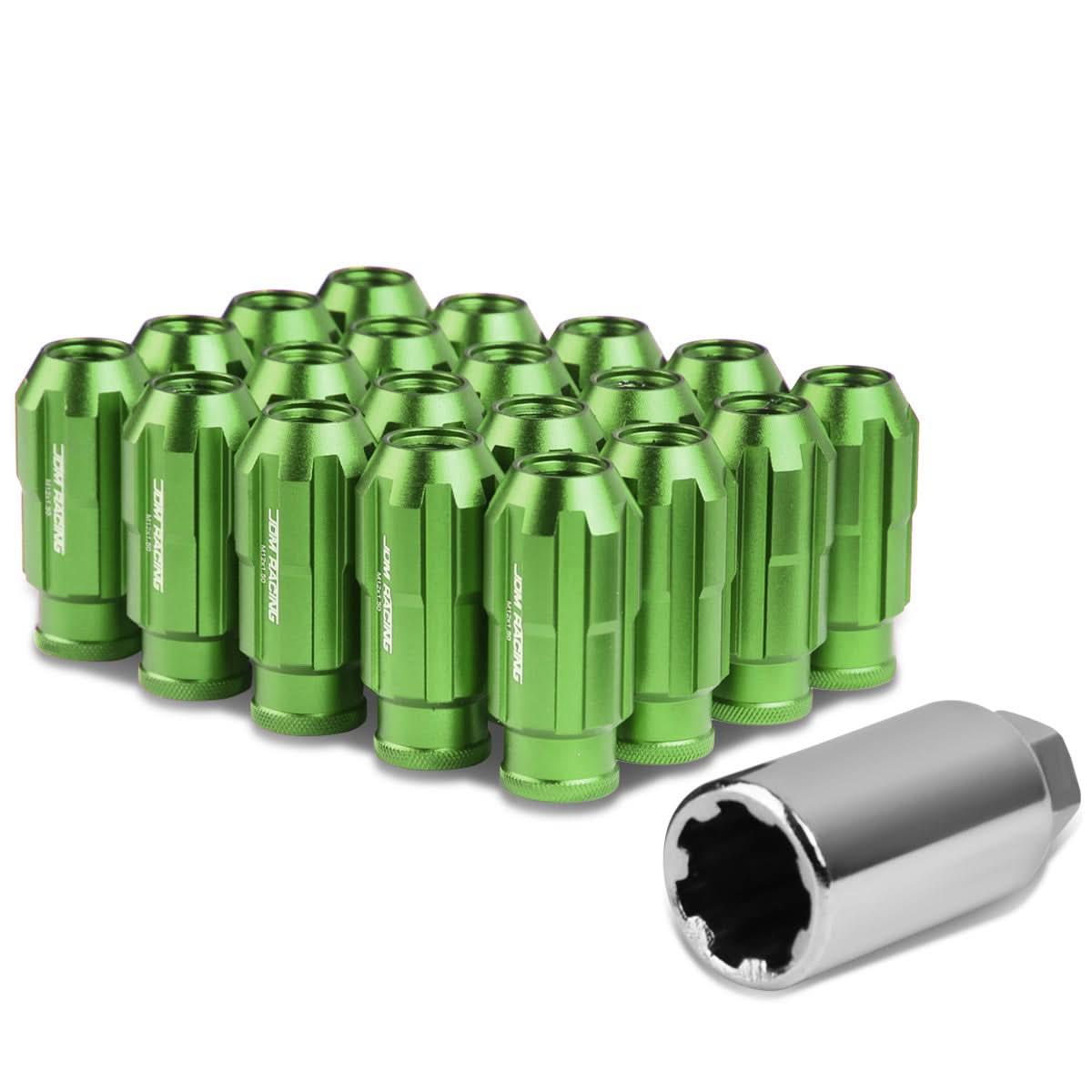 M12 x 1.5 Spline Extended Lug Nuts with Locks - Green Aluminum