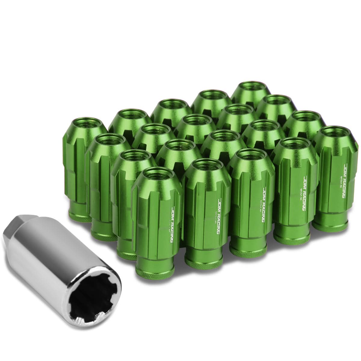 M12 x 1.5 Spline Extended Lug Nuts with Locks - Green Aluminum