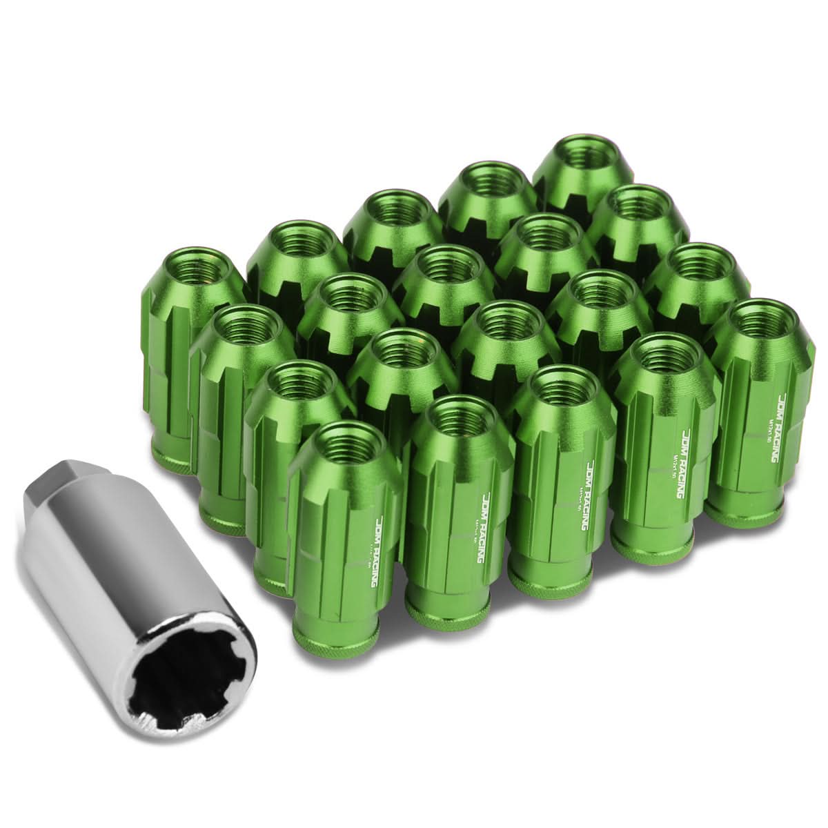 M12 x 1.5 Spline Extended Lug Nuts with Locks - Green Aluminum