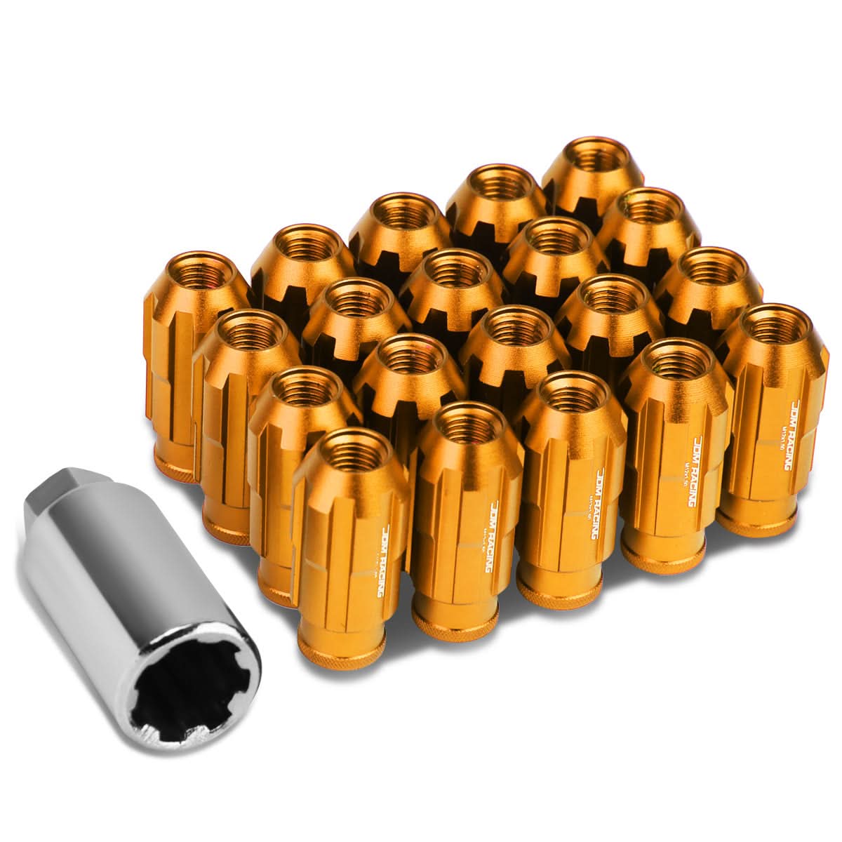Spline Style Extended Lug Nuts M12x1.5 20pc Set w/ Locks - Orange Aluminum