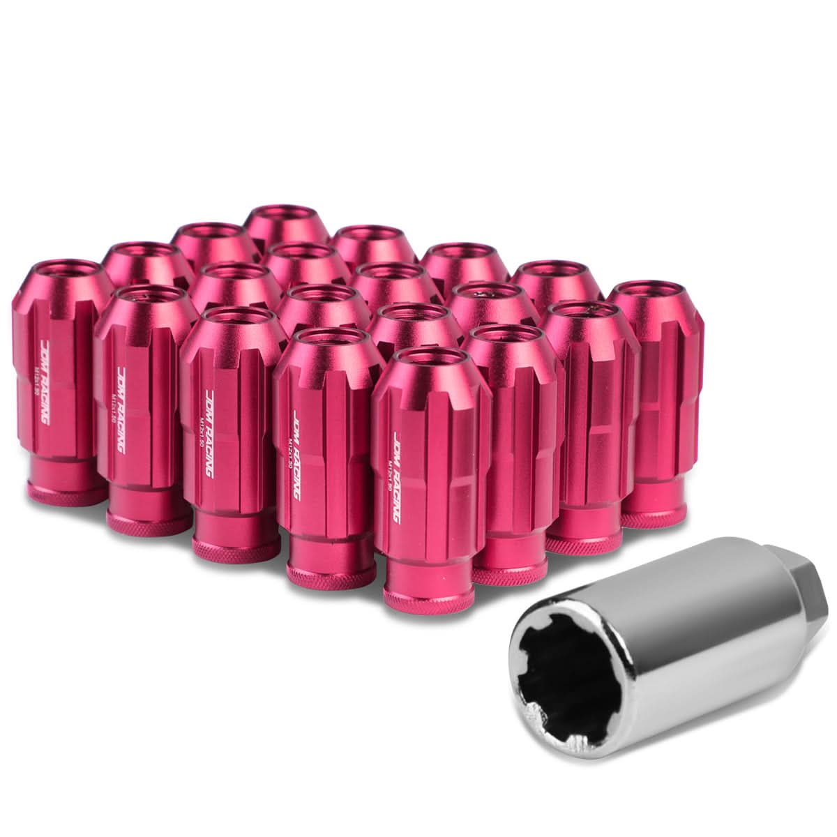 M12 x 1.5 Spline Extended Lug Nuts with Locks 20pc Set - Pink Aluminum