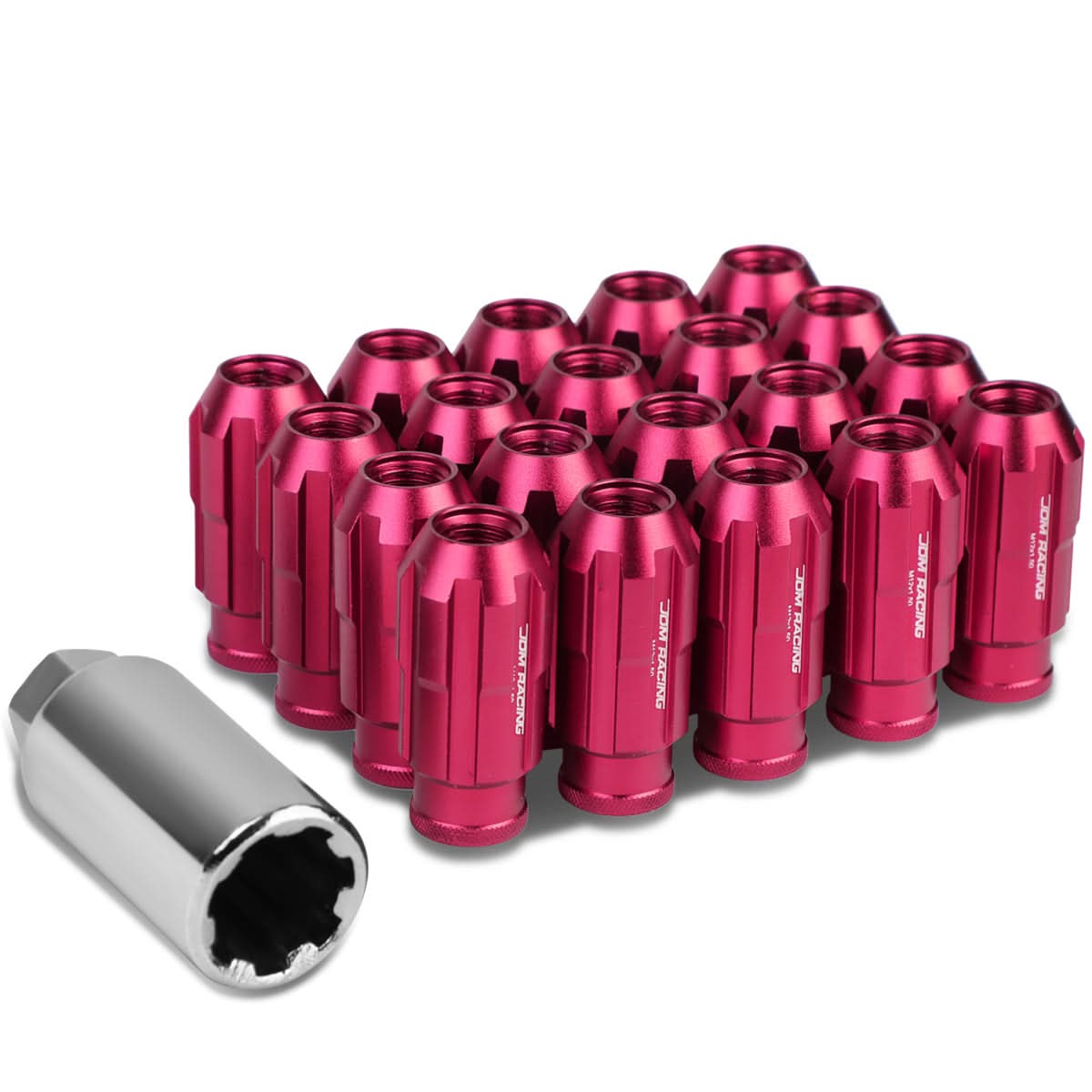 M12 x 1.5 Spline Extended Lug Nuts with Locks 20pc Set - Pink Aluminum