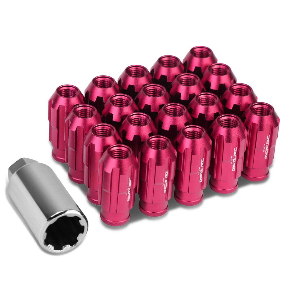 M12 x 1.5 Spline Extended Lug Nuts with Locks 20pc Set - Pink Aluminum