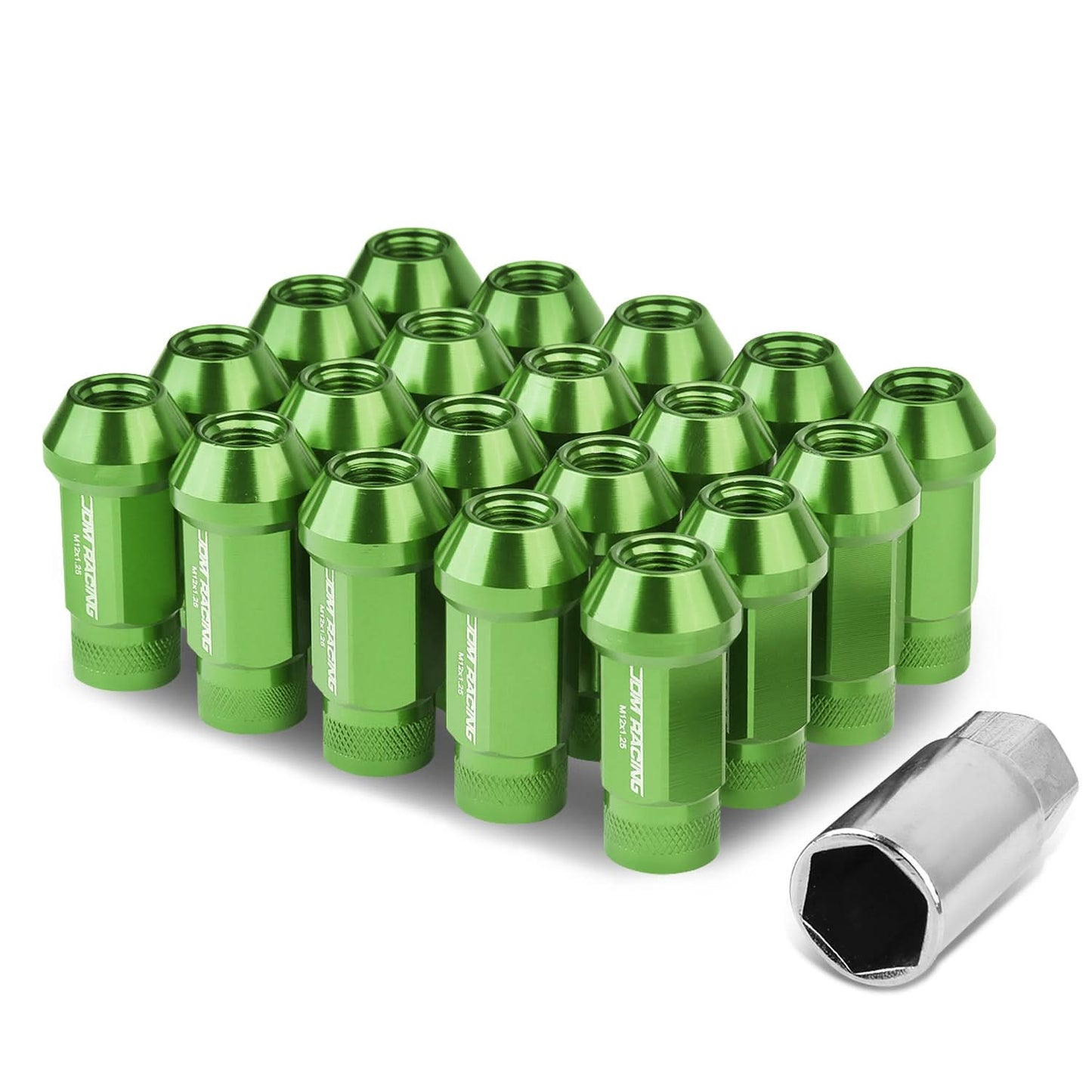 M12x1.25 Aluminum Lug Nuts - 50mm Extended Acorn Knurled - Green 20pc