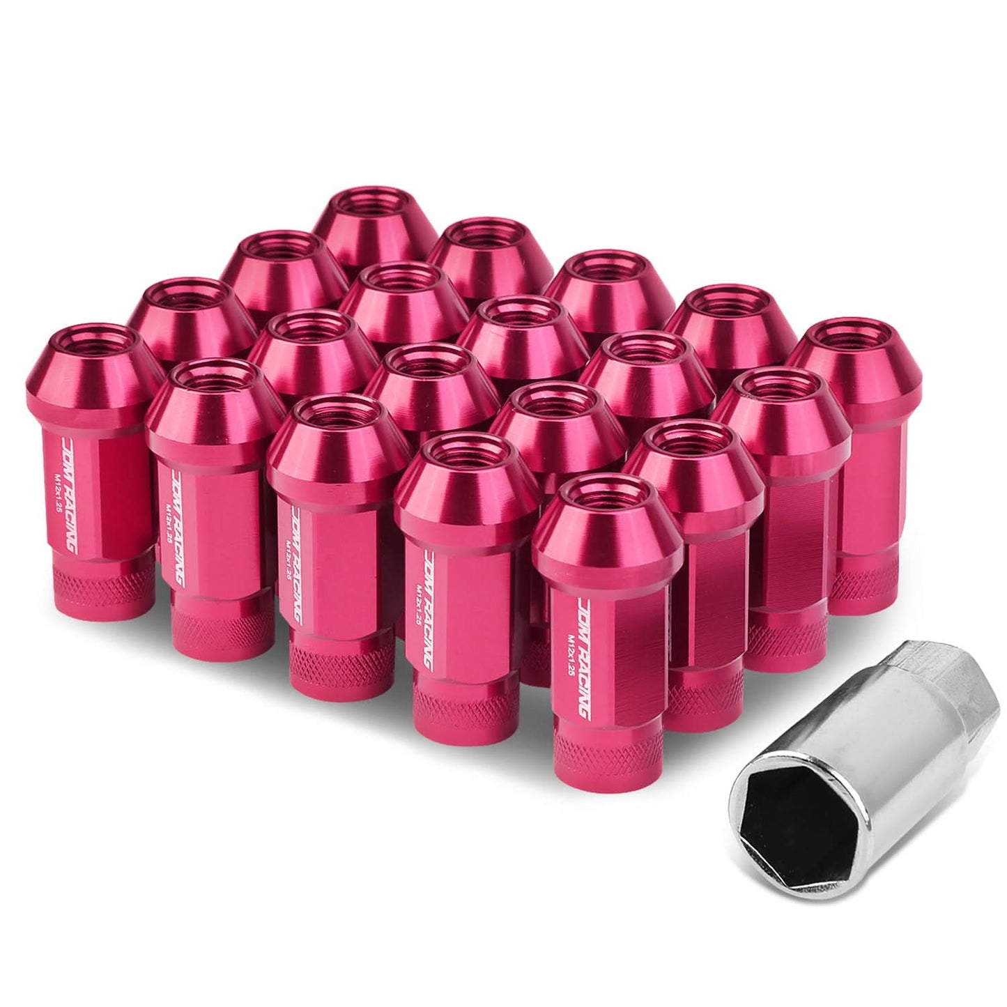 M12x1.25 Aluminum Lug Nuts - 50mm Acorn Knurled Extended 20pc Pink