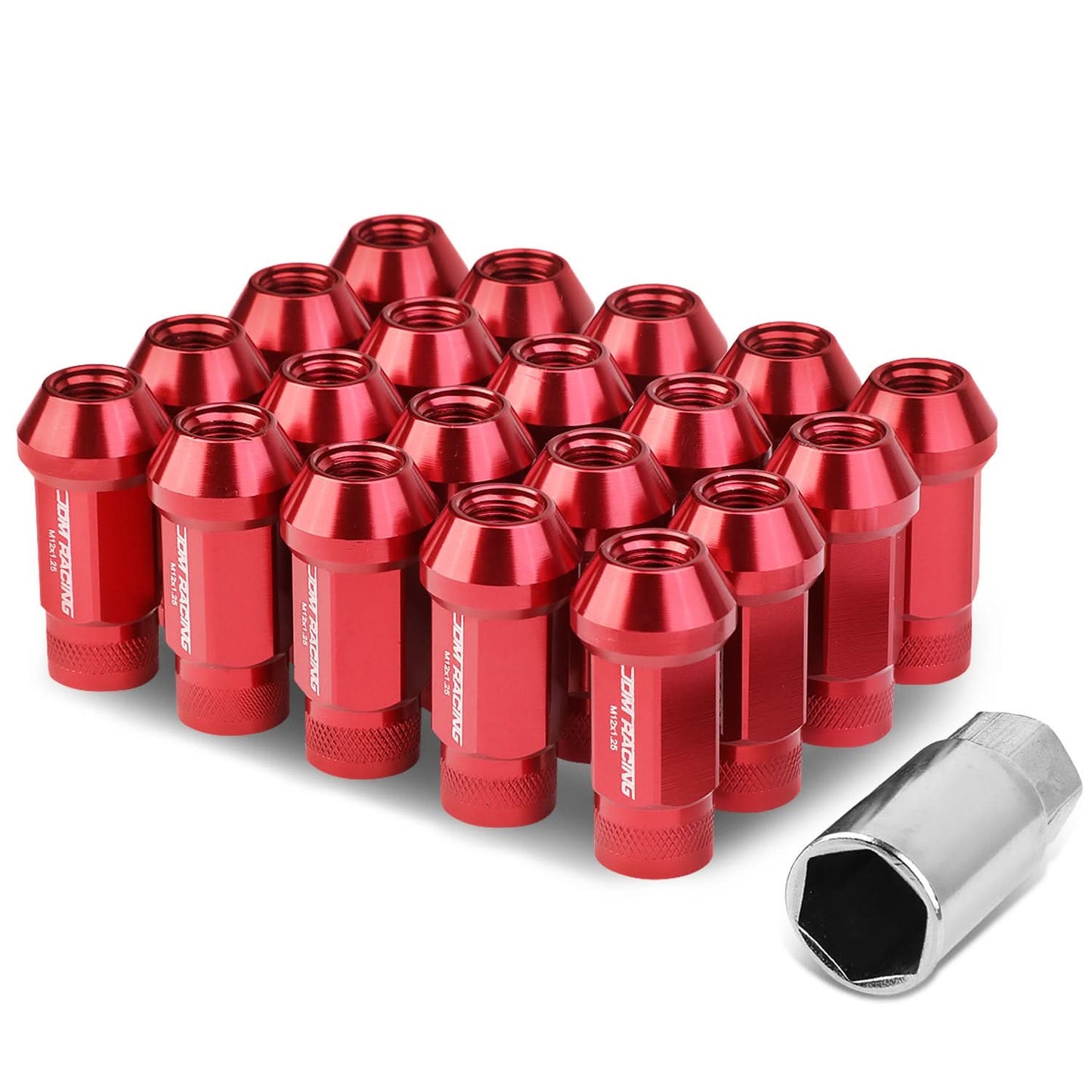 M12x1.25 Aluminum Lug Nuts - Acorn Knurled Extended Open End 20pc Red
