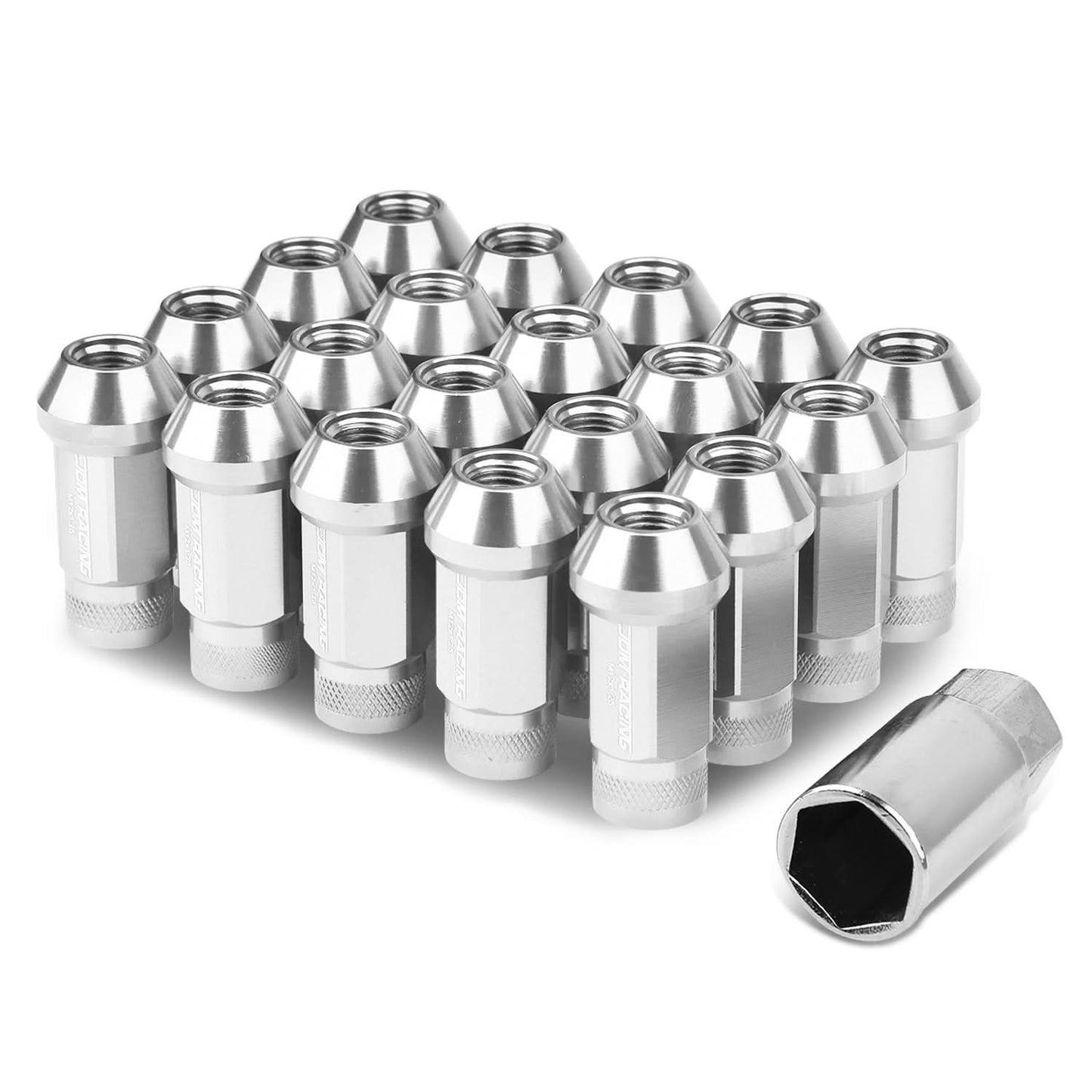 M12x1.25 Aluminum Lug Nuts 50mm Acorn Knurled Extended 20pc Silver
