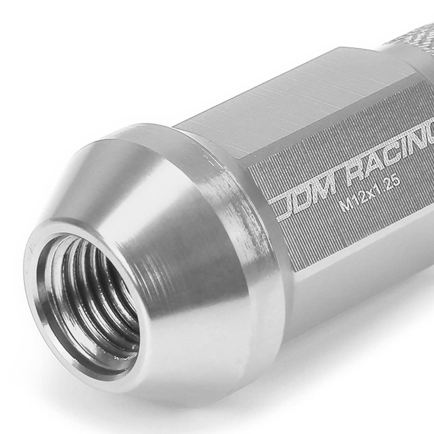 M12x1.25 Aluminum Lug Nuts 50mm Acorn Knurled Extended 20pc Silver
