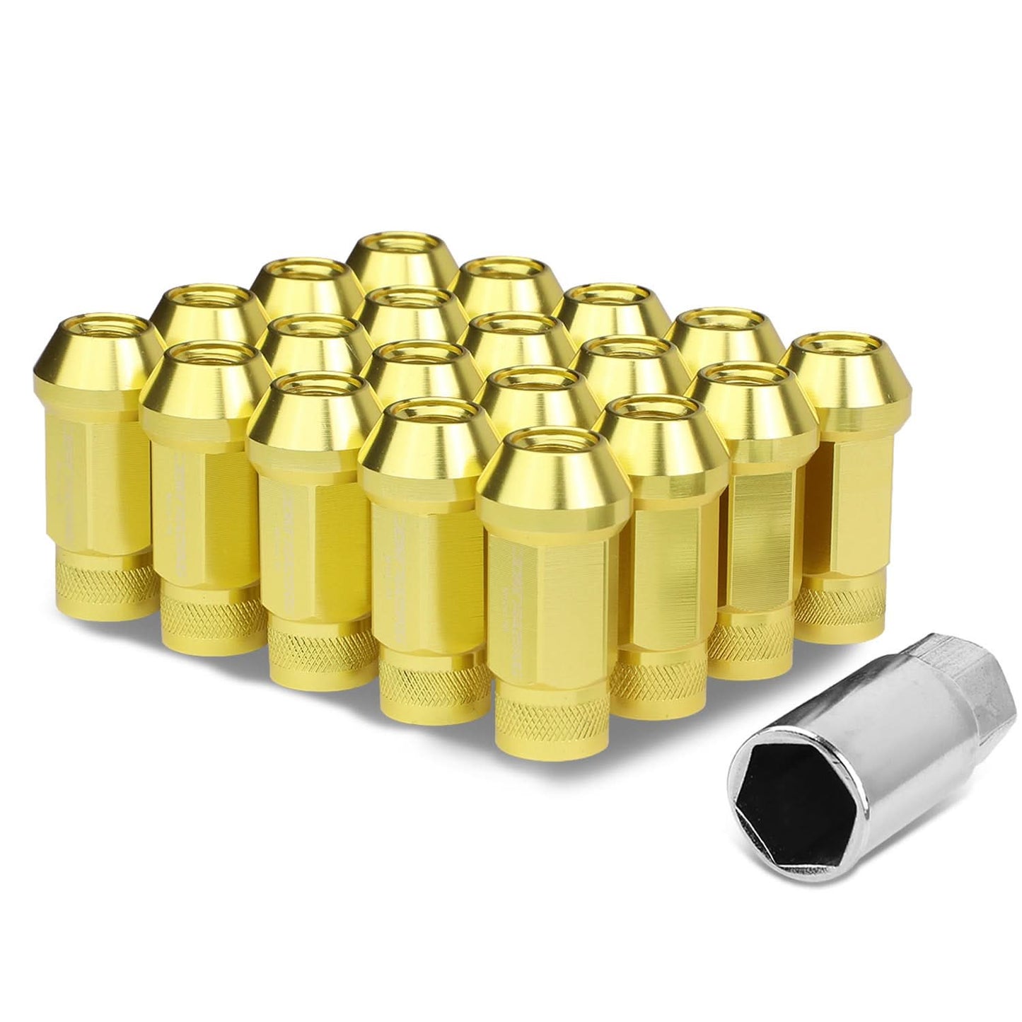 M12x1.5 Aluminum Lug Nuts 50mm Acorn Knurled Extended Open End 20pc Gold