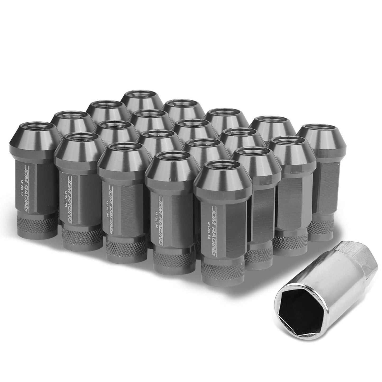 M12X1.5 Aluminum Lug Nuts - 50mm Extended Acorn Knurled 20pc Gun Metal