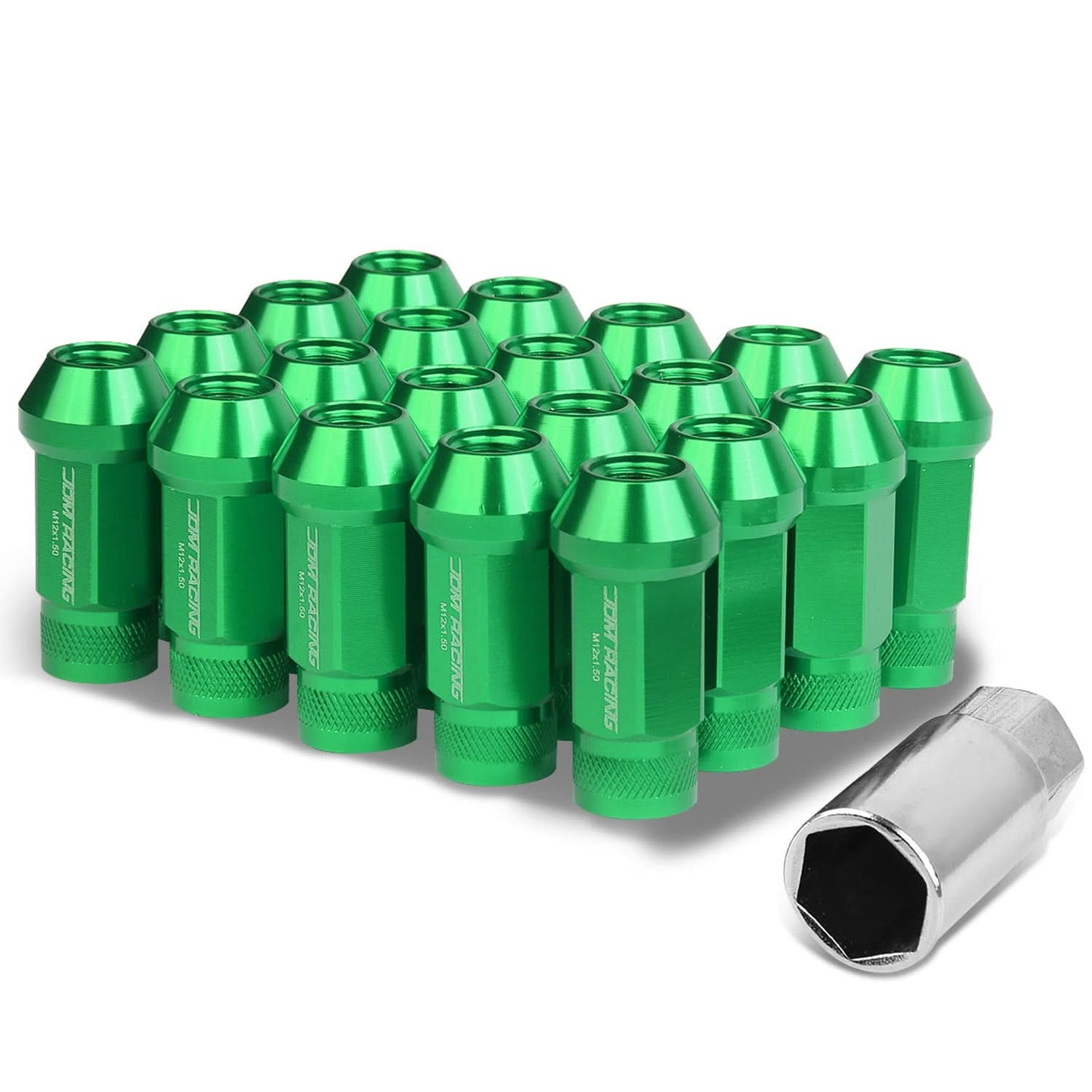 M12x1.5 Aluminum Acorn Lug Nuts 50mm Extended Green 20pc Set