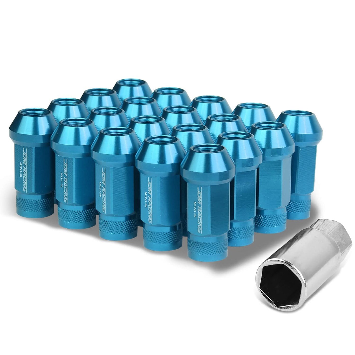 M12x1.5 Aluminum Acorn Knurled Lug Nuts 50mm Extended Light Blue 20pc