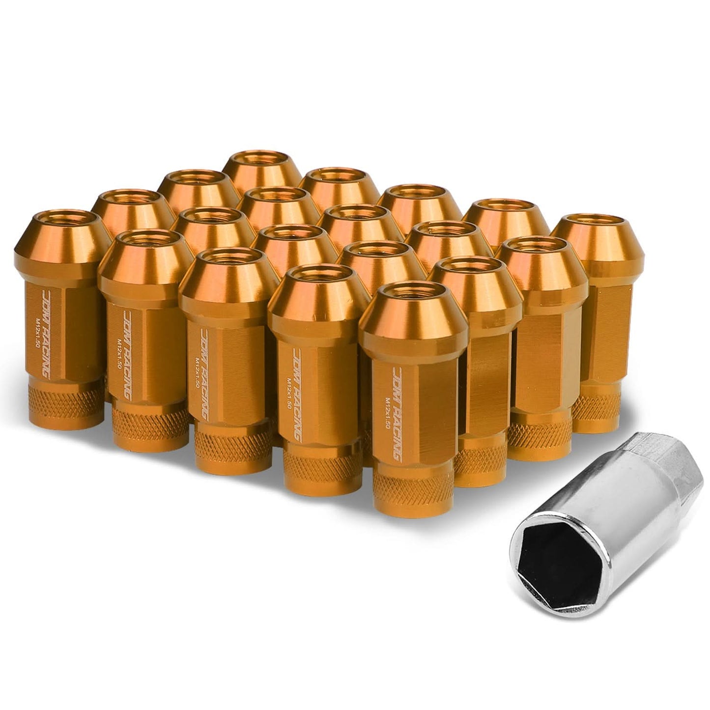 M12x1.5 Extended Acorn Knurled Lug Nuts 50mm Orange Aluminum 20pc