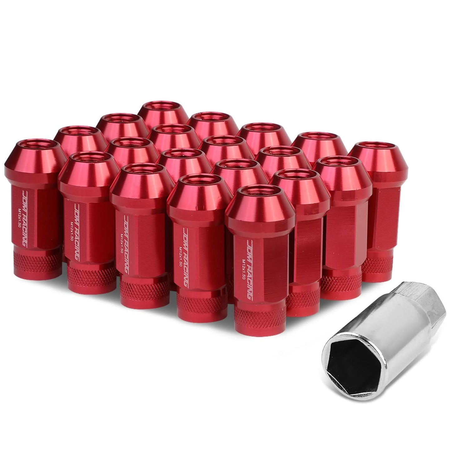 M12x1.5 Aluminum Lug Nuts - Acorn Knurled Extended 50mm Red 20pc
