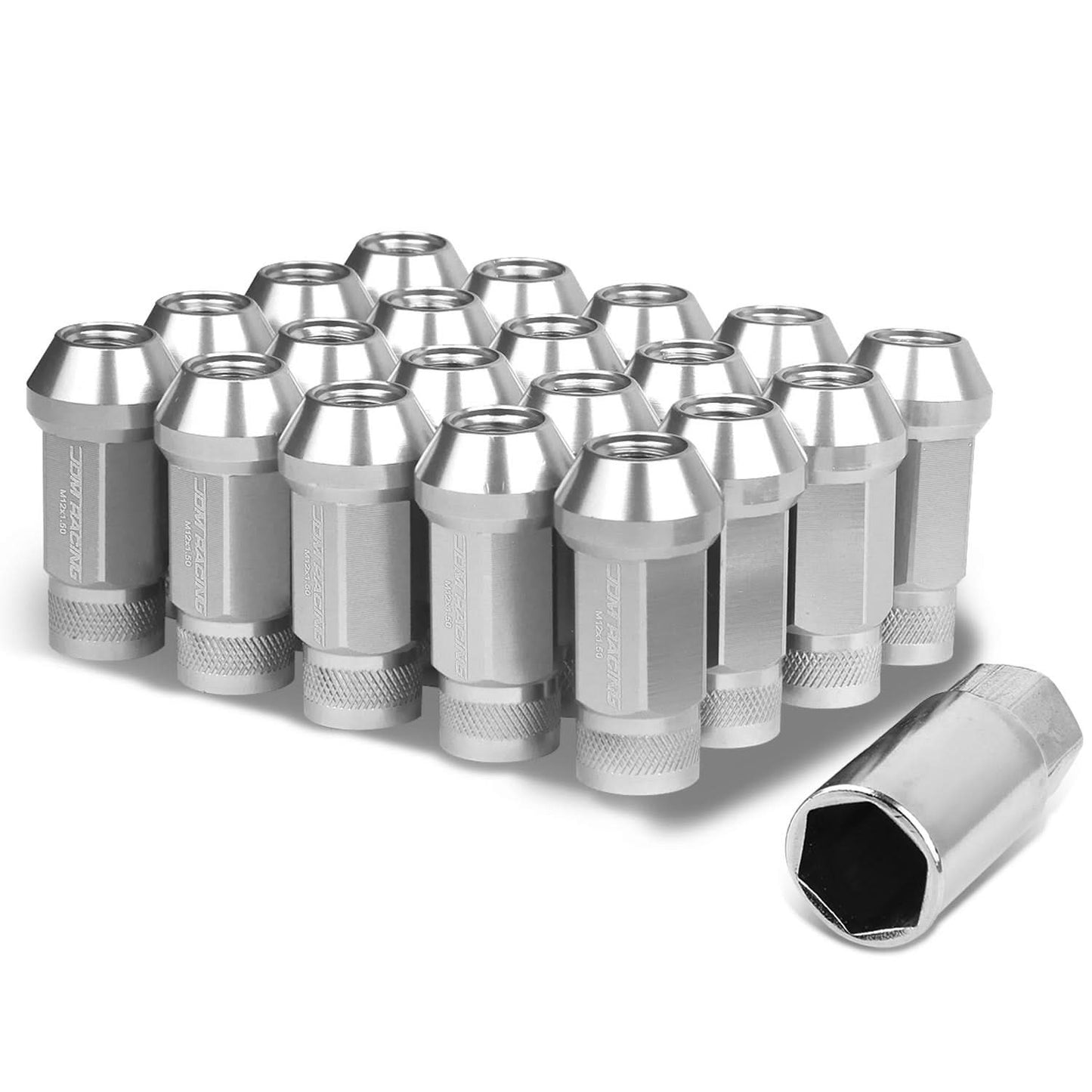 M12x1.5 Aluminum Lug Nuts - 50mm Extended Acorn Knurled - 20pc Silver