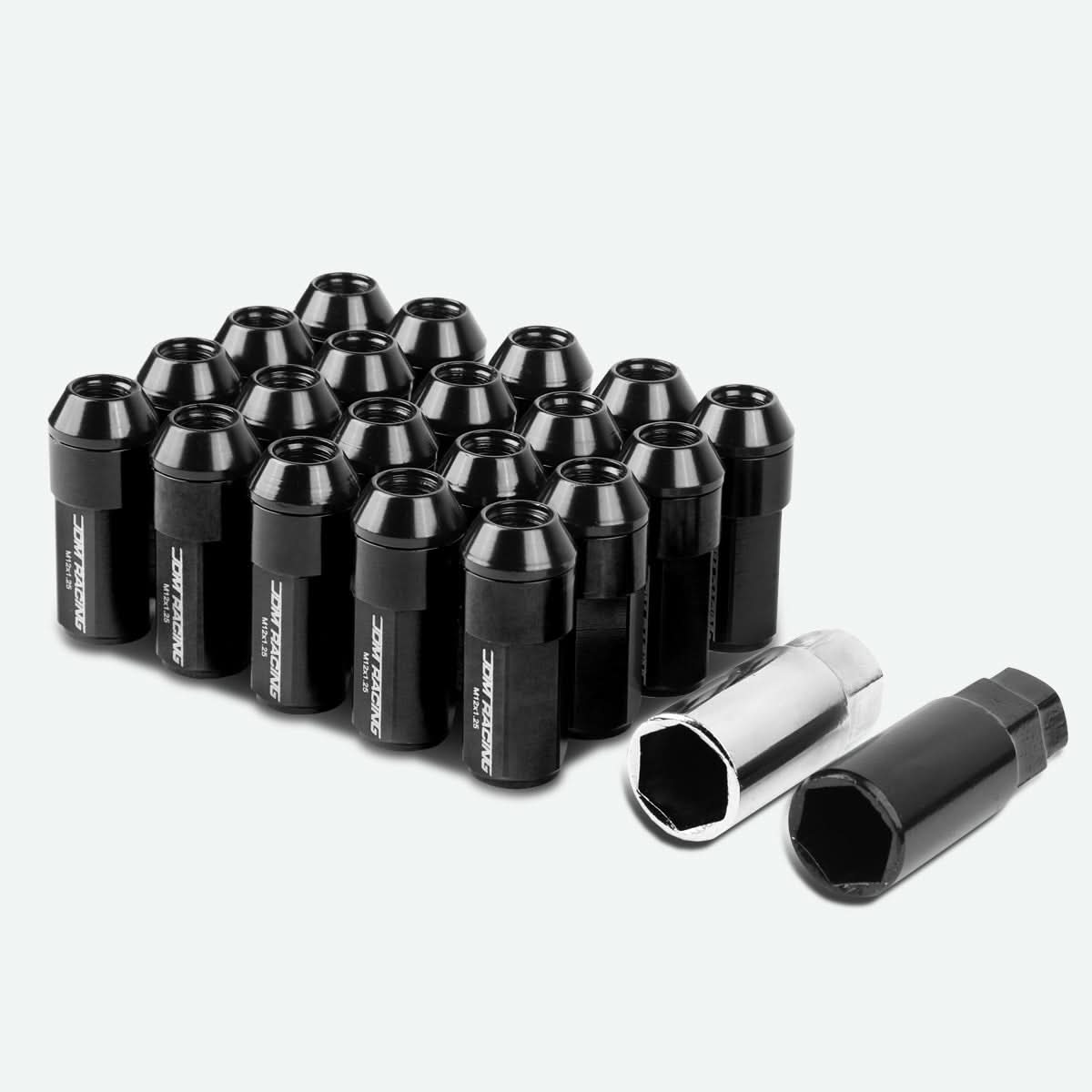 M12 x 1.25 Aluminum Lug Nuts 20pc Set Extended Black Acorn