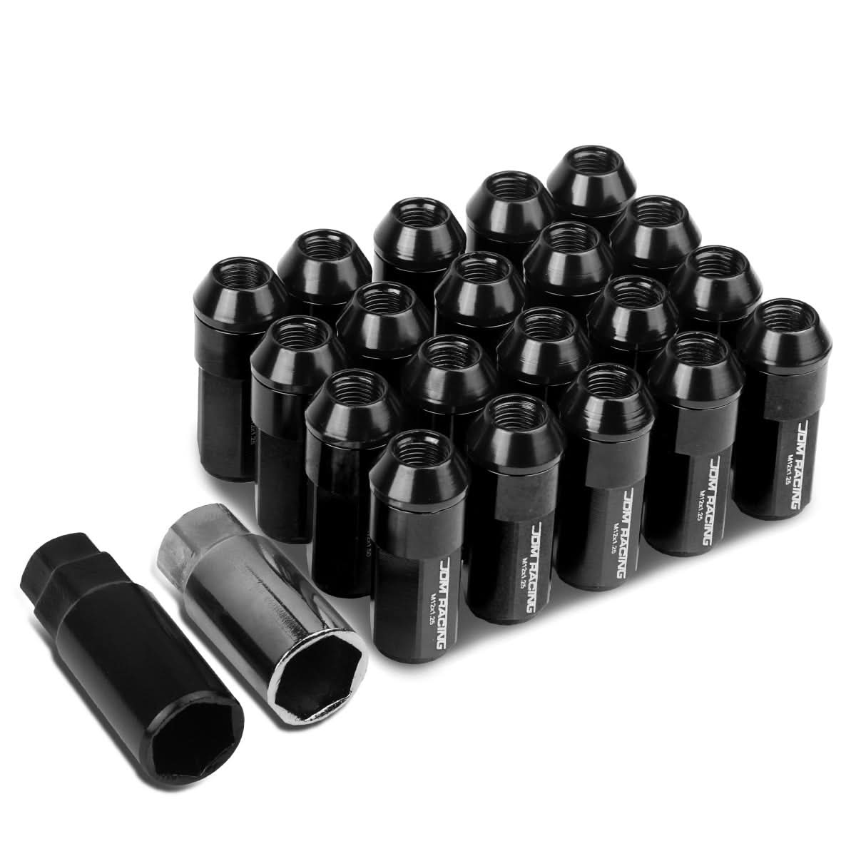 M12 x 1.25 Aluminum Lug Nuts 20pc Set Extended Black Acorn