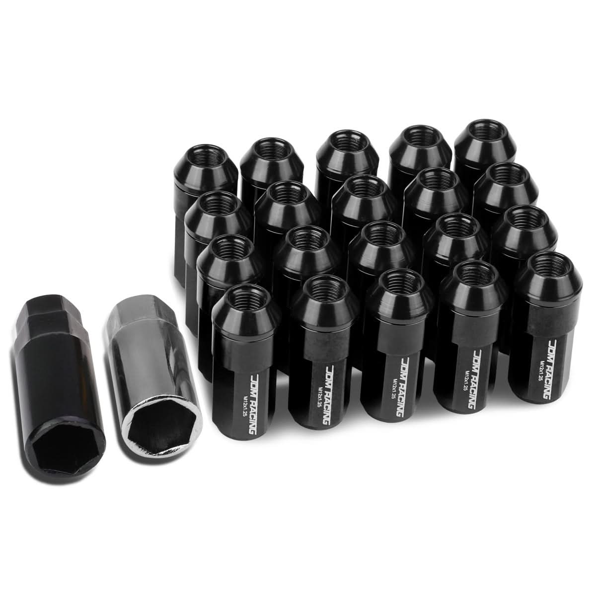 M12 x 1.25 Aluminum Lug Nuts 20pc Set Extended Black Acorn