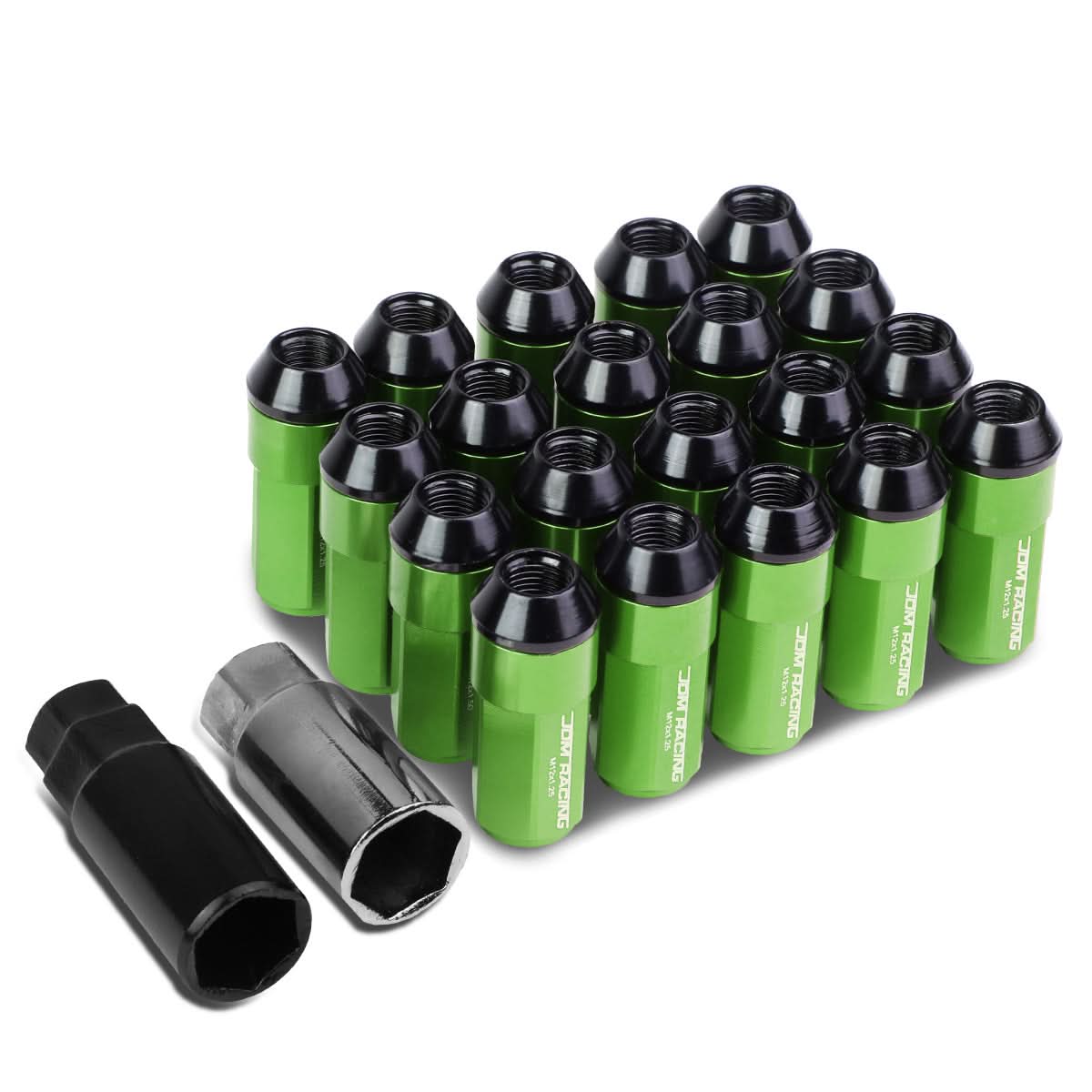 Extended Aluminum Lug Nuts M12 x 1.25 Green Steel Acorn 20pc Set